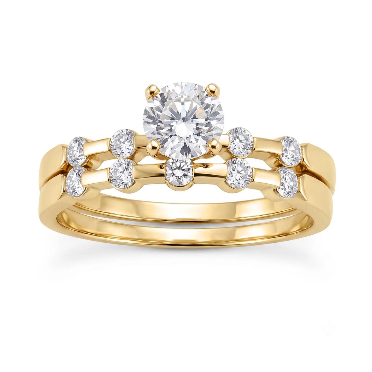 2 Carat Round Lab Grown Diamond Scattered Bezel Bridal Set in 14K Yellow Gold