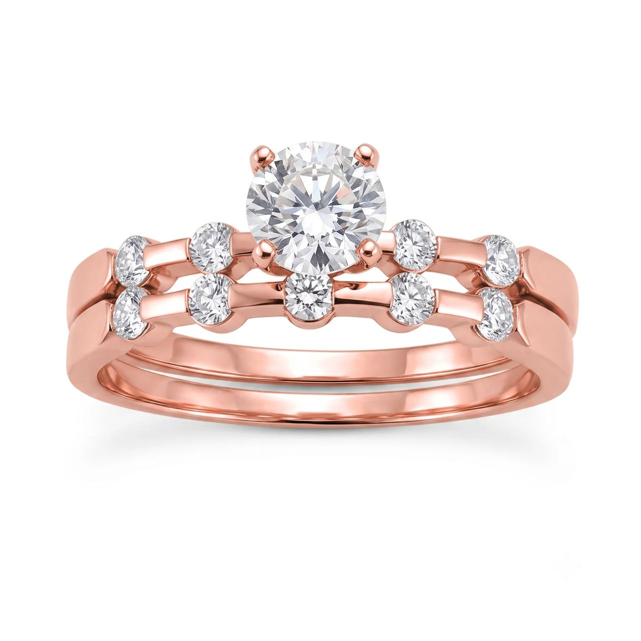 2 Carat Round Lab Grown Diamond Scattered Bezel Bridal Set in 14K Rose Gold