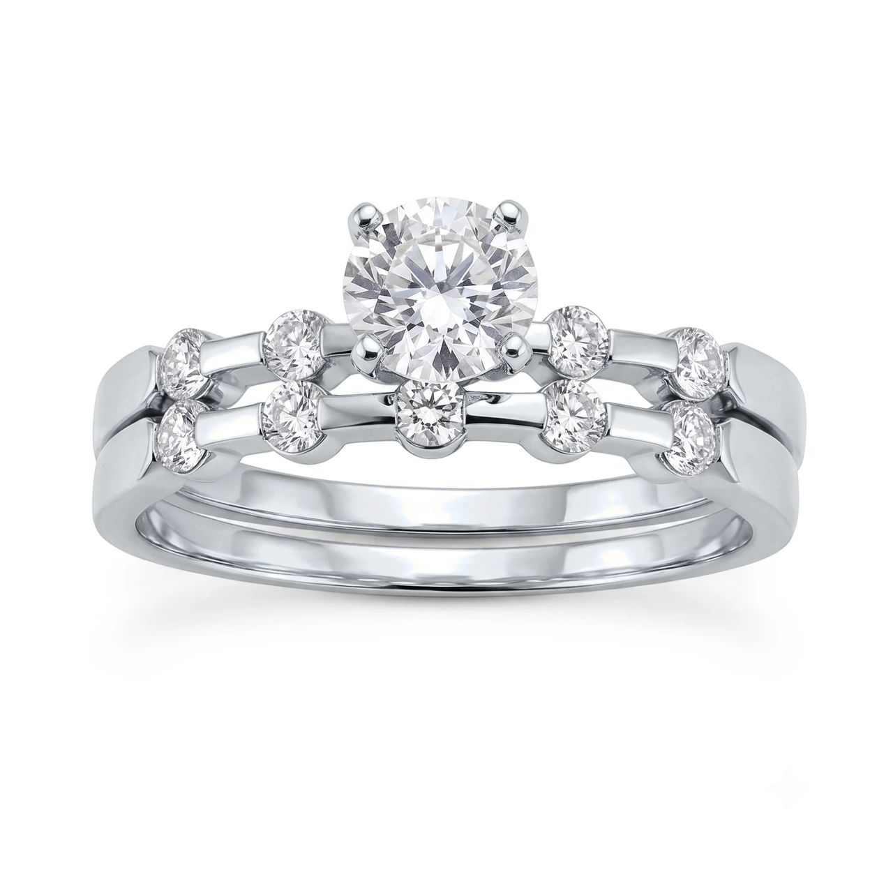 1 Carat Round Lab Grown Diamond Scattered Bezel Bridal Set in 14K White Gold