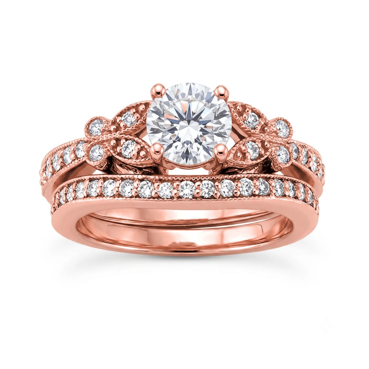 2 Carat Round Lab Grown Diamond Floral Petal Bridal Set in 14K Rose Gold