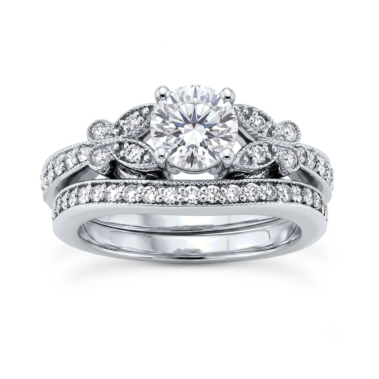 1 Carat Round Lab Grown Diamond Floral Petal Bridal Set in 14K White Gold
