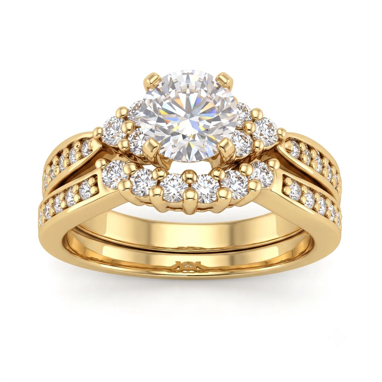 2 Carat Round Lab Grown Diamond Floral Halo Cluster Bridal Set in 14K Yellow Gold