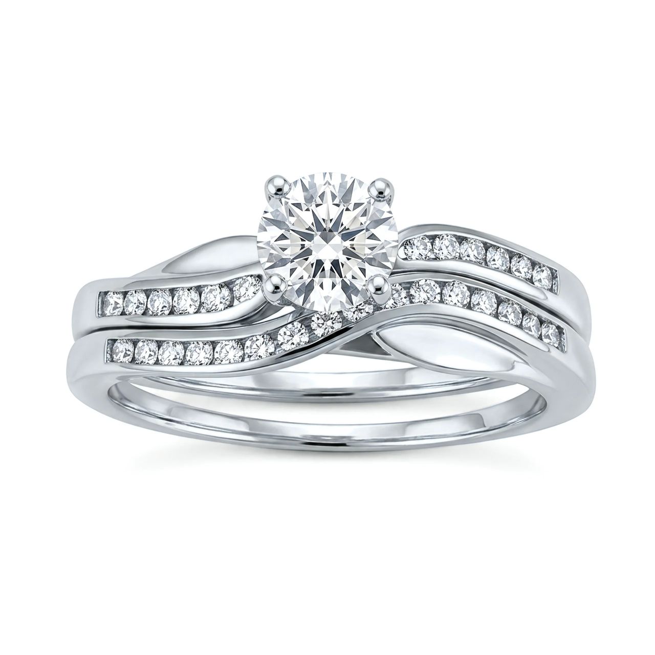1 Carat Round Lab Grown Diamond Channel-Set Bypass Wave Bridal Set in 14K White Gold - Fine Jewelry by JewelWeSell