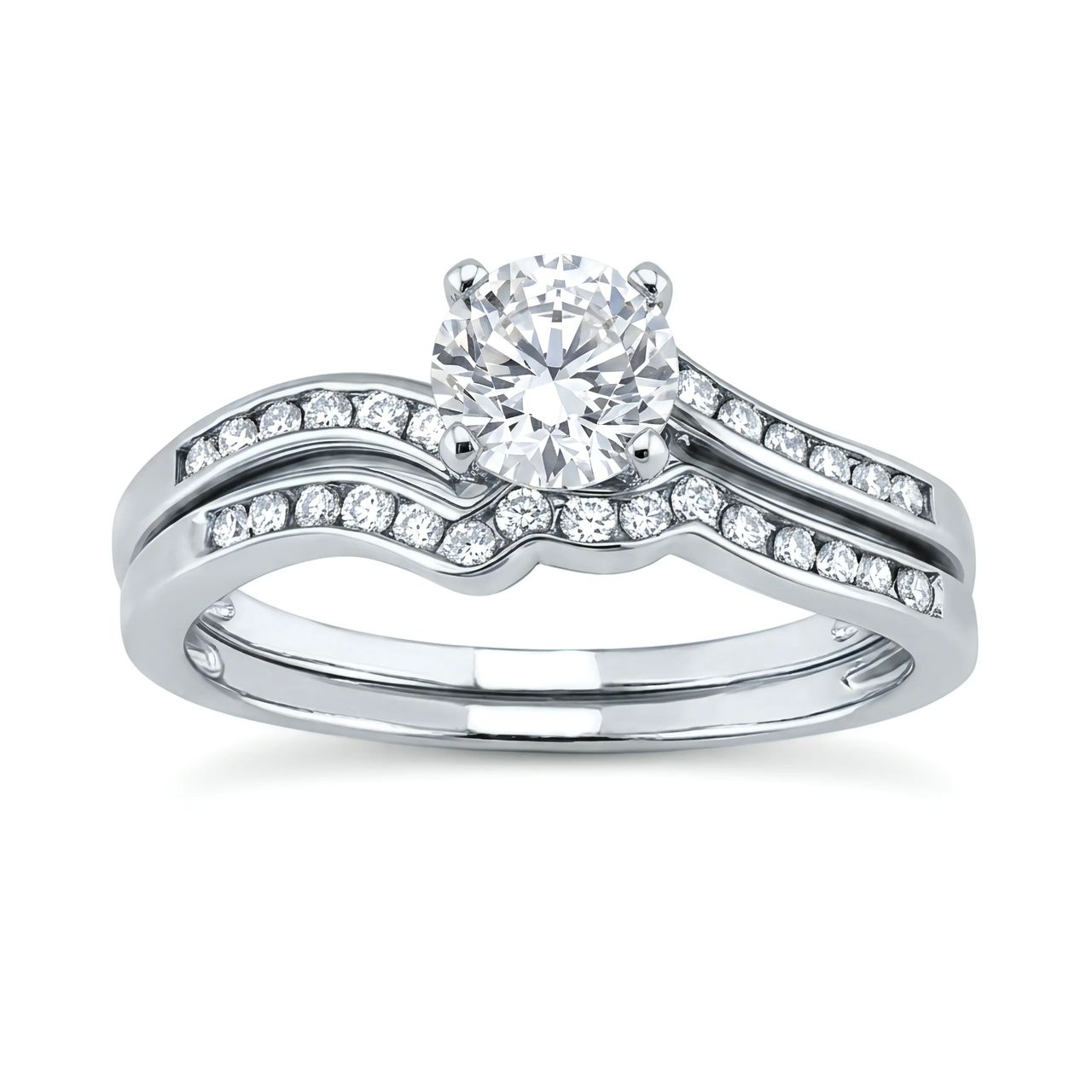 1 Carat Round Lab Grown Diamond Channel Chevron Bridal Set in 14K White Gold - Fine Jewelry by JewelWeSell