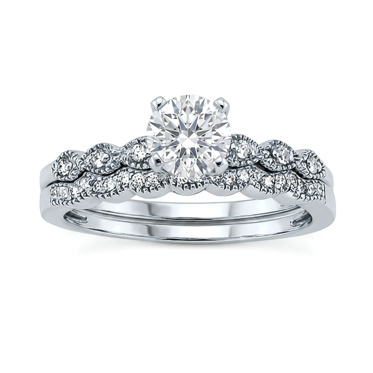 1 Carat Round Lab Grown Diamond Vintage Marquise Twist Bridal Set in 14K White Gold - Fine Jewelry by JewelWeSell