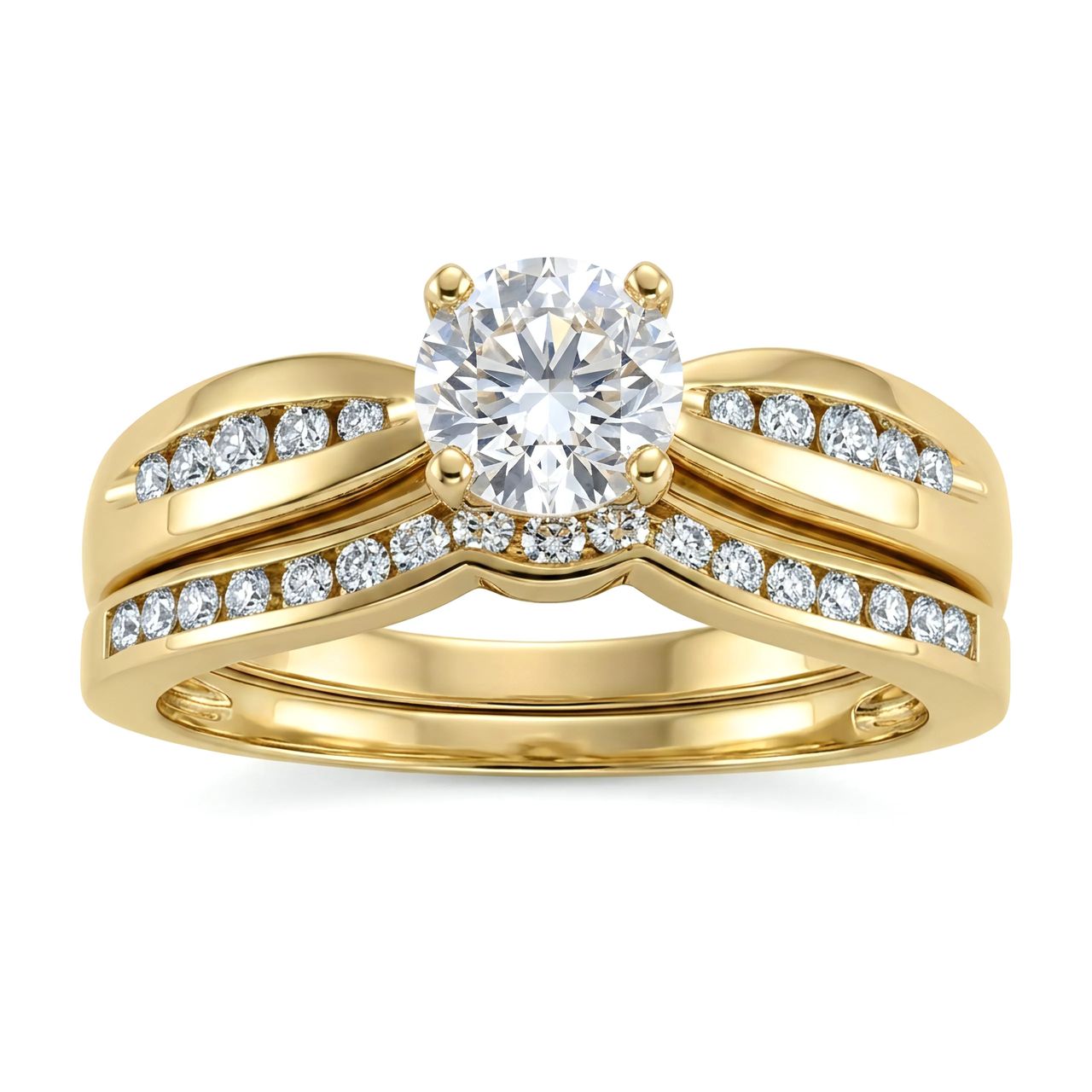 3 Carat Round Lab Grown Diamond Wide Channel Contoured Bridal Set in 14K Yellow Gold