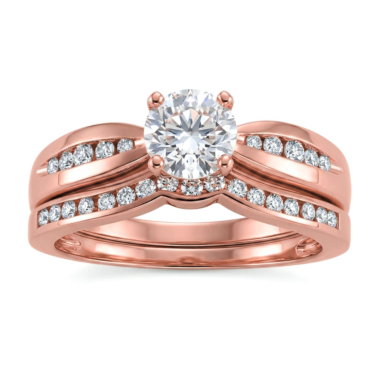 3 Carat Round Lab Grown Diamond Wide Channel Contoured Bridal Set in 14K Rose Gold