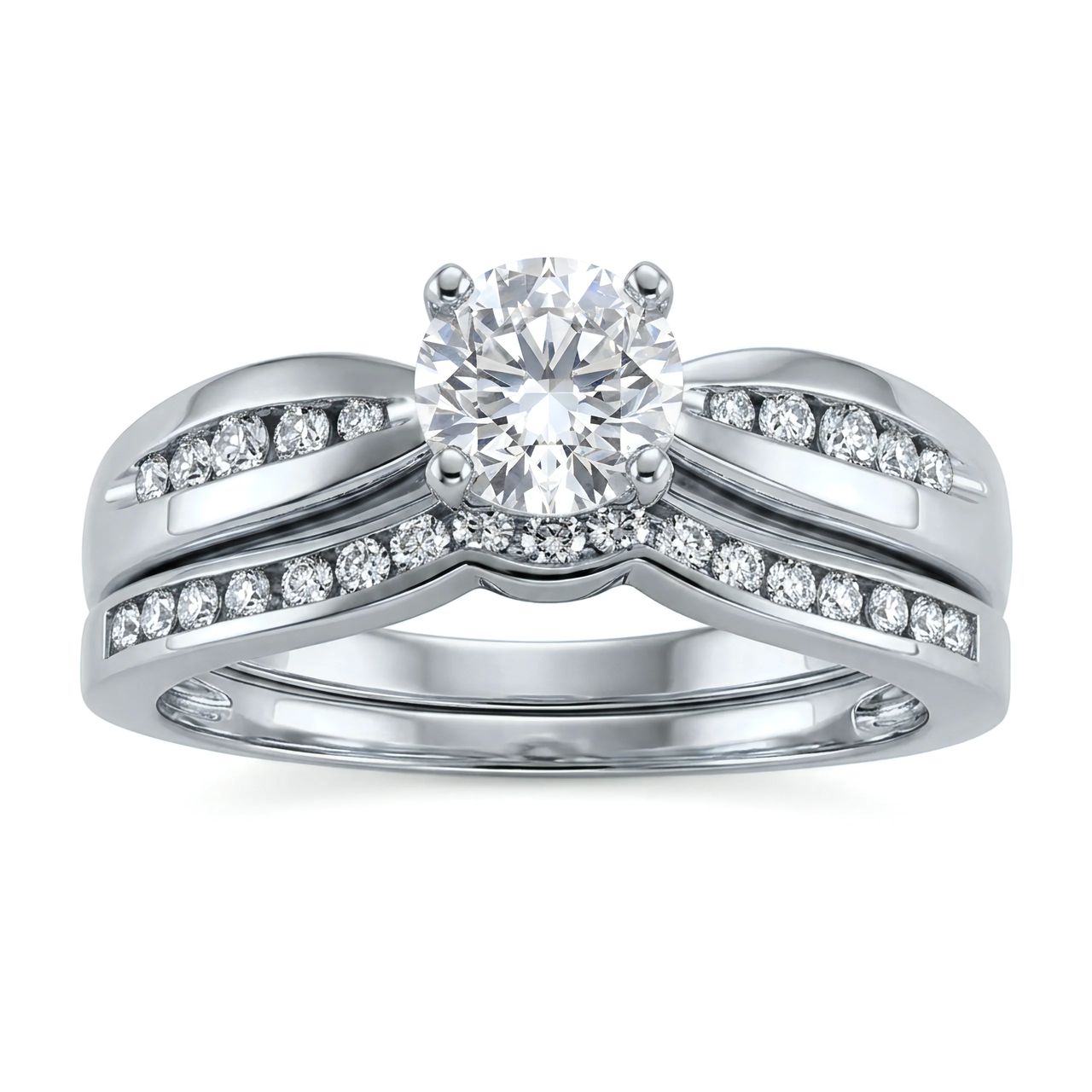 1 Carat Round Lab Grown Diamond Wide Channel Contoured Bridal Set in 14K White Gold