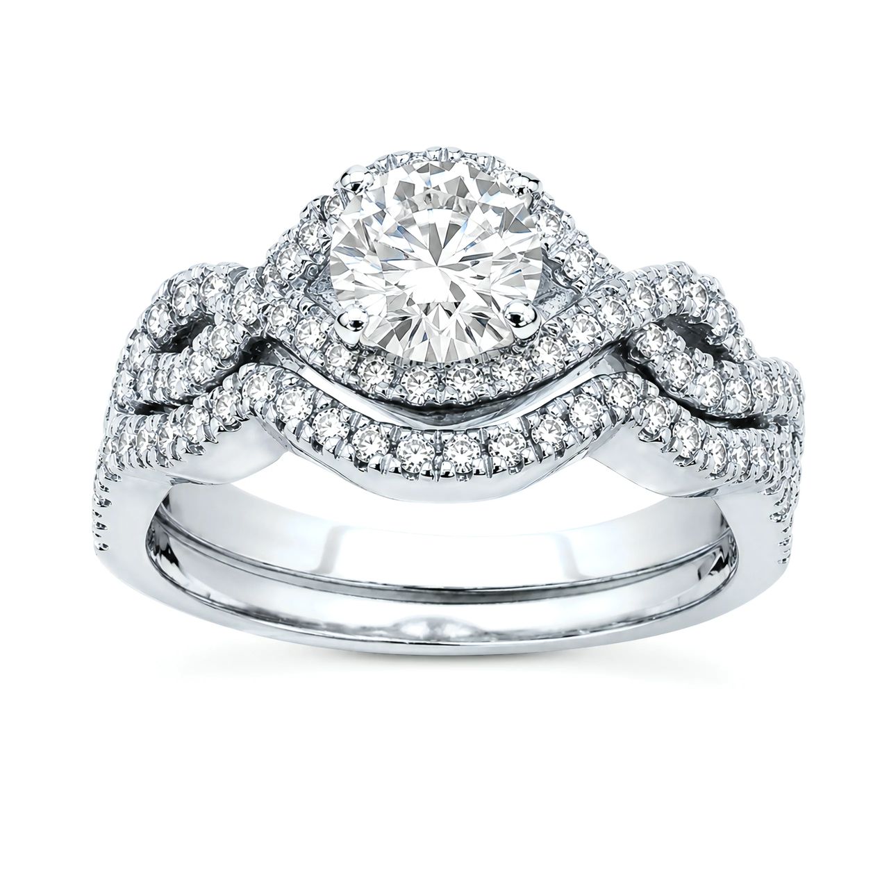 1 Carat Round Lab Grown Diamond Infinity Twist Halo Bridal Set in 14K White Gold