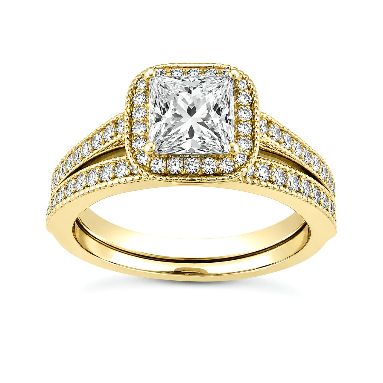 2 Carat Princess Lab Grown Diamond Cushion Halo Bridal Set in 14K Yellow Gold