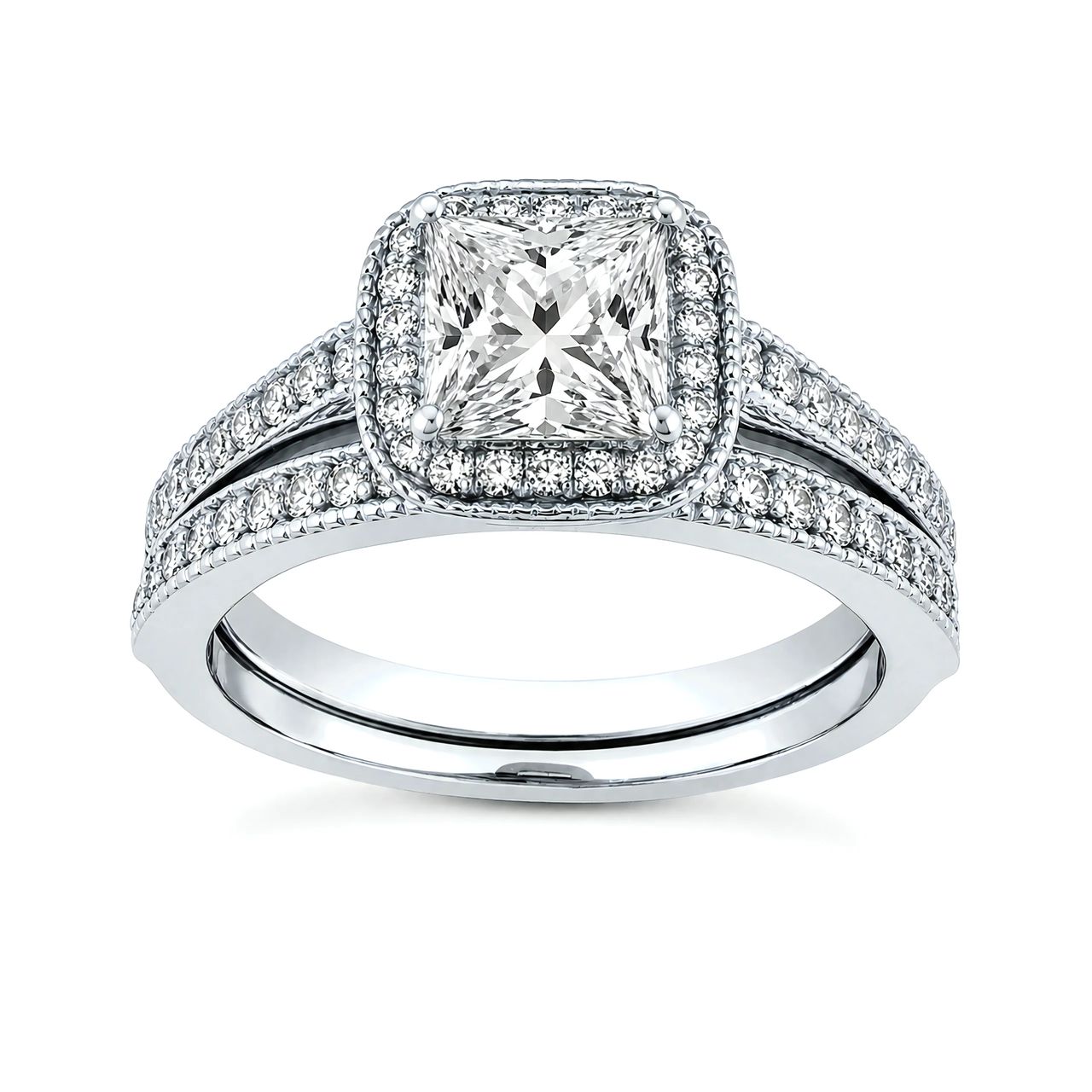 2 Carat Princess Lab Grown Diamond Cushion Halo Bridal Set in 14K White Gold