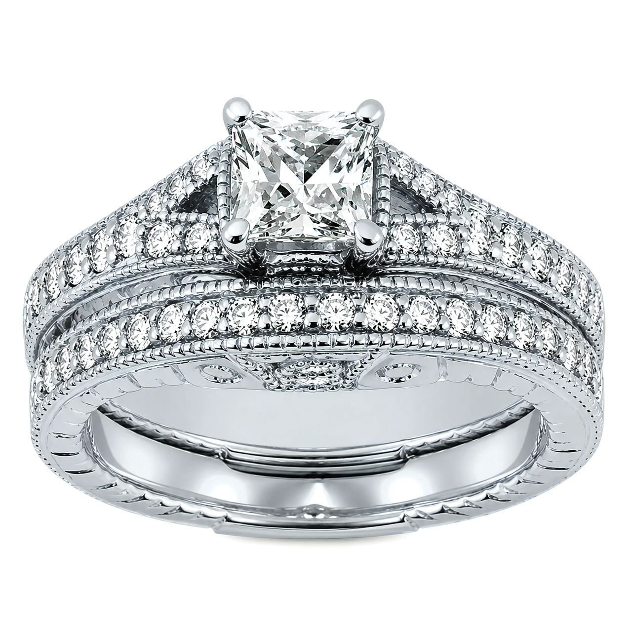 1 Carat Princess Lab Grown Diamond Vintage Split Shank Bridal Set in 14K White Gold