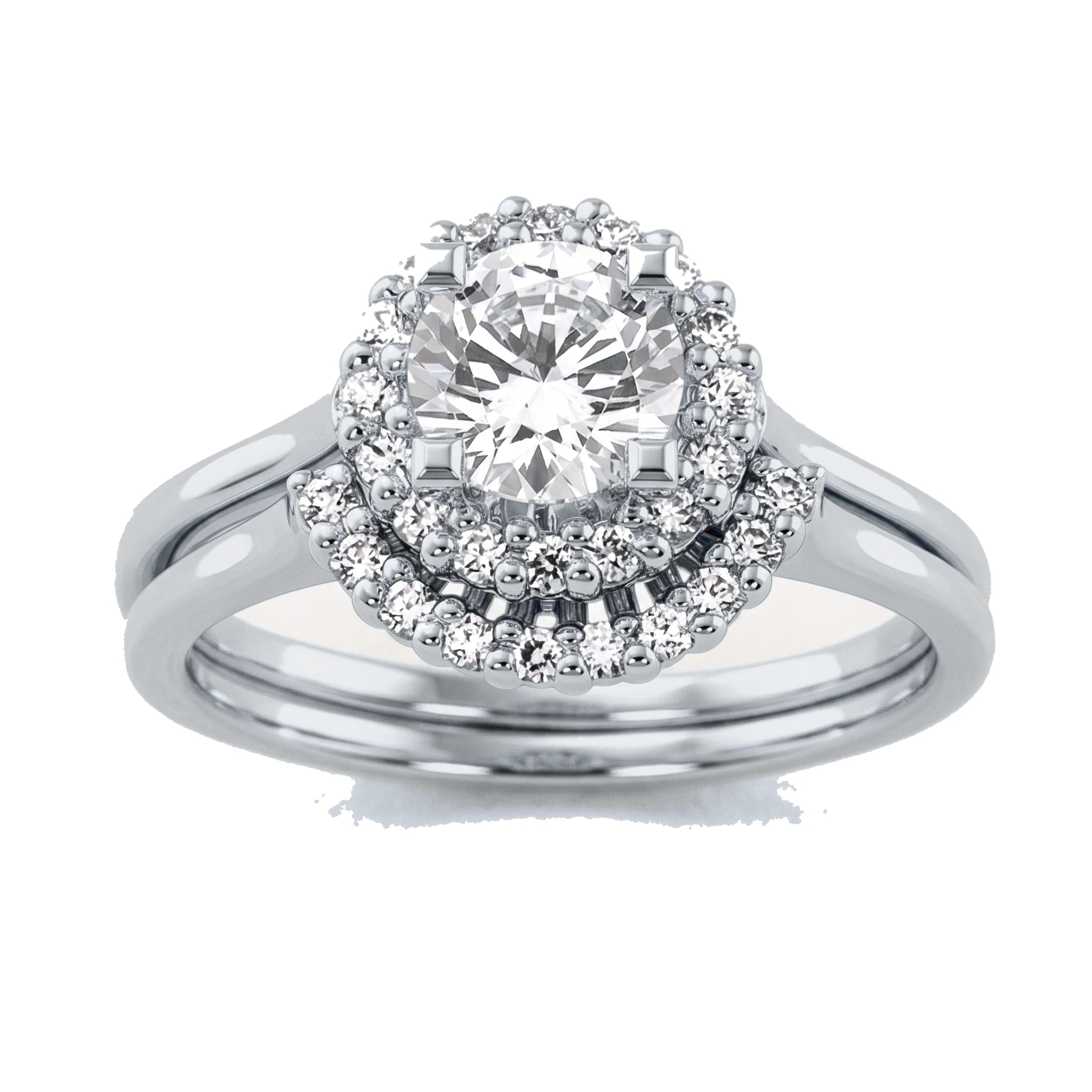 1 Carat Round Lab Grown Diamond Scalloped Floral Halo Bridal Set in 14K White Gold