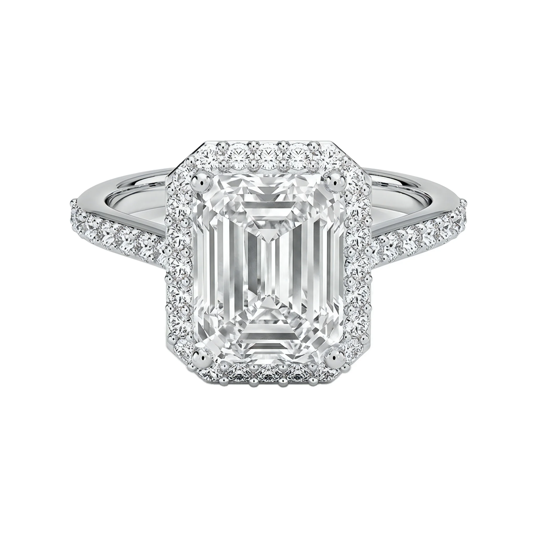 1.75 Carat Emerald Lab Grown Diamond Halo Engagement Ring in 14K White Gold