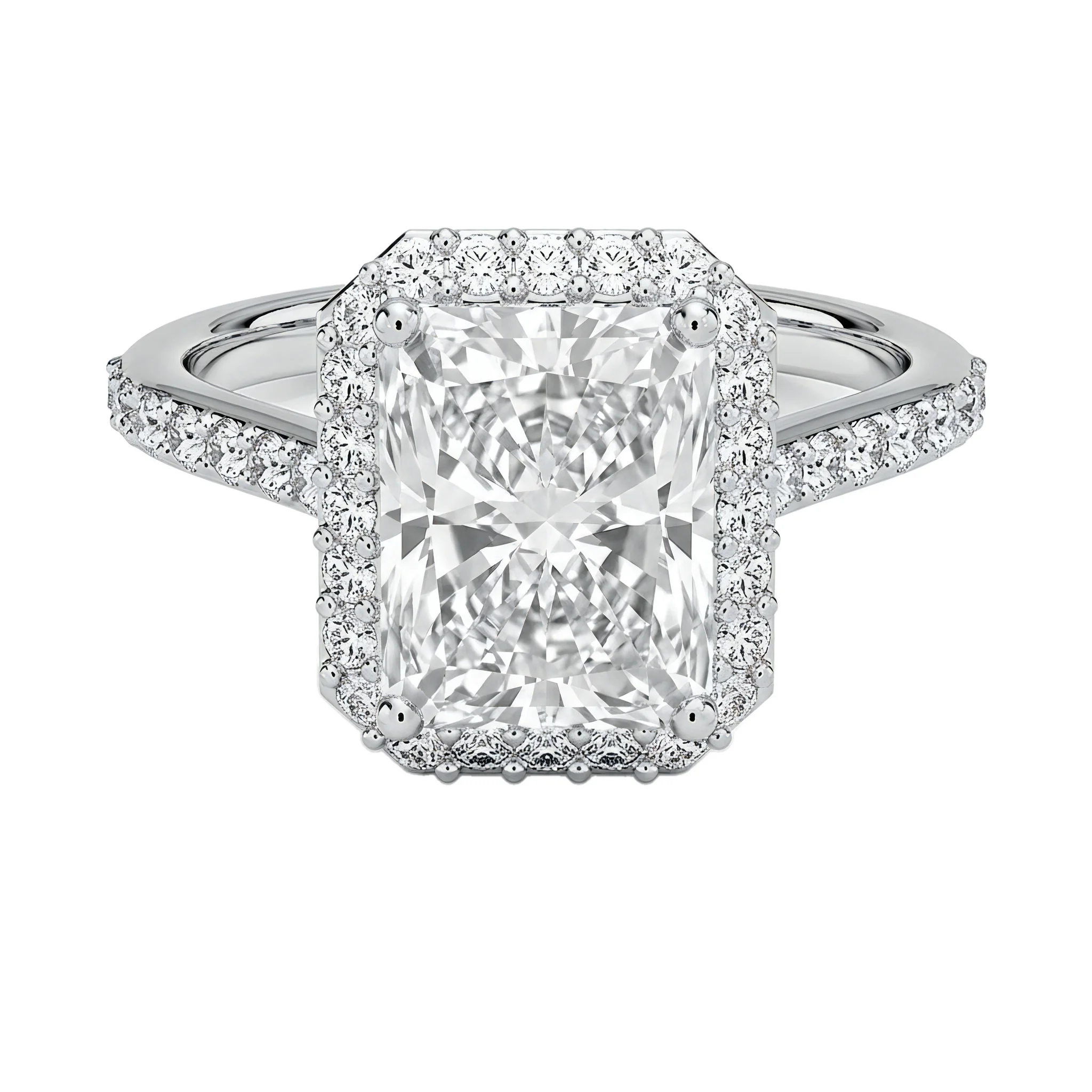 1.75 Carat Radiant Lab Grown Diamond Halo Engagement Ring in 14K White Gold