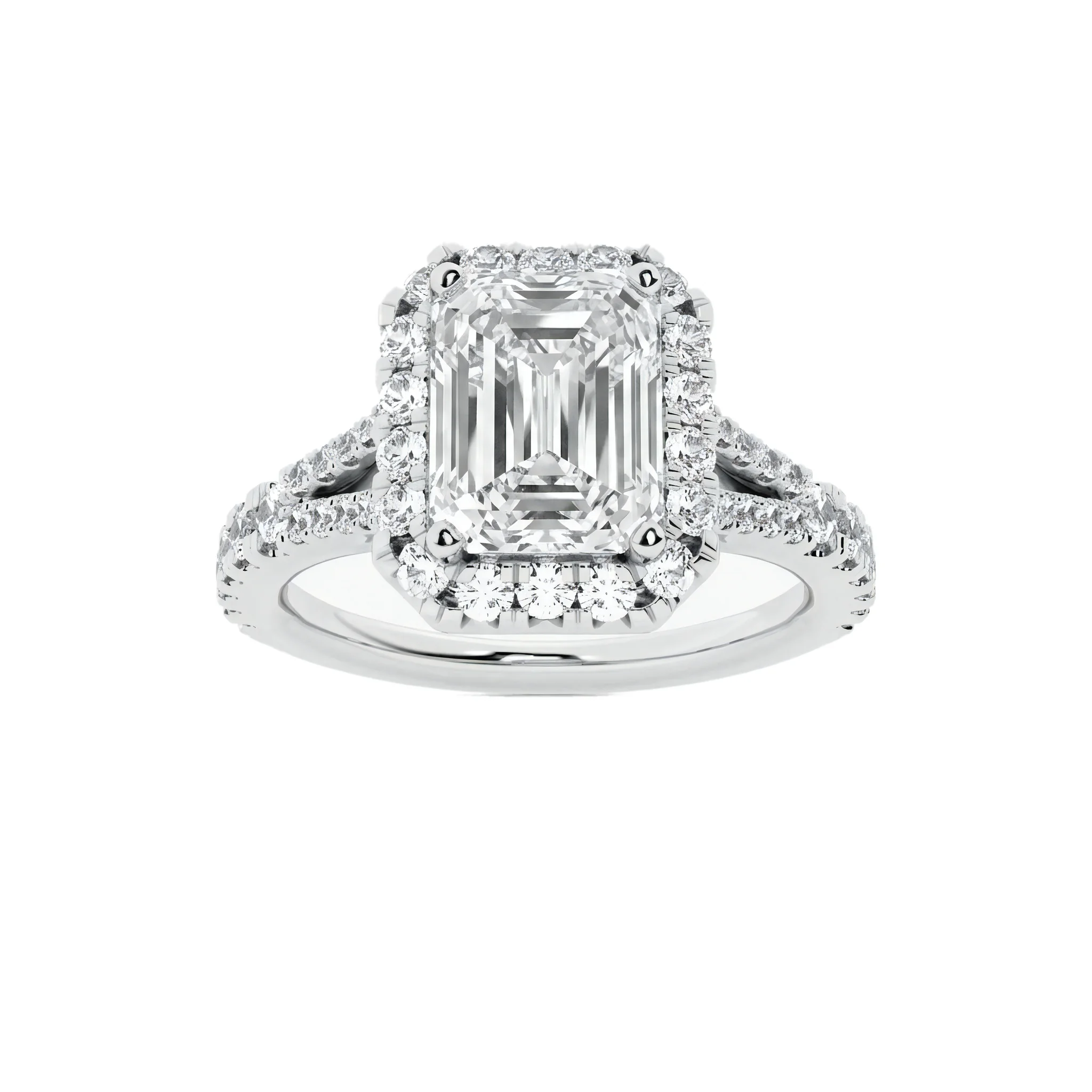 1.5 Carat Emerald Lab Grown Diamond Halo Engagement Ring in 14K White Gold