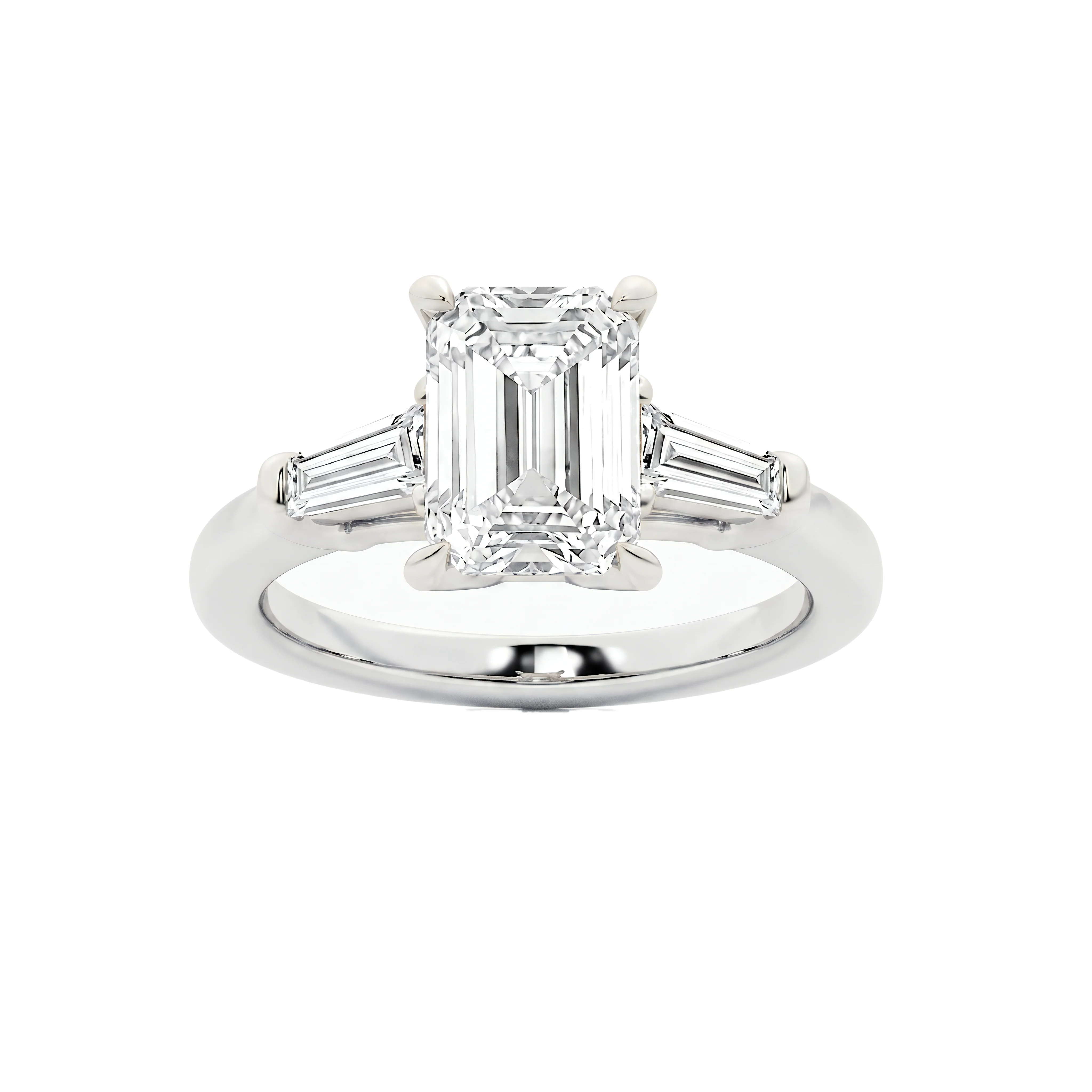 2.5 Carat Emerald Lab Grown Diamond Three-Stone Tapered Baguette Engagement Ring in 14K White Gold