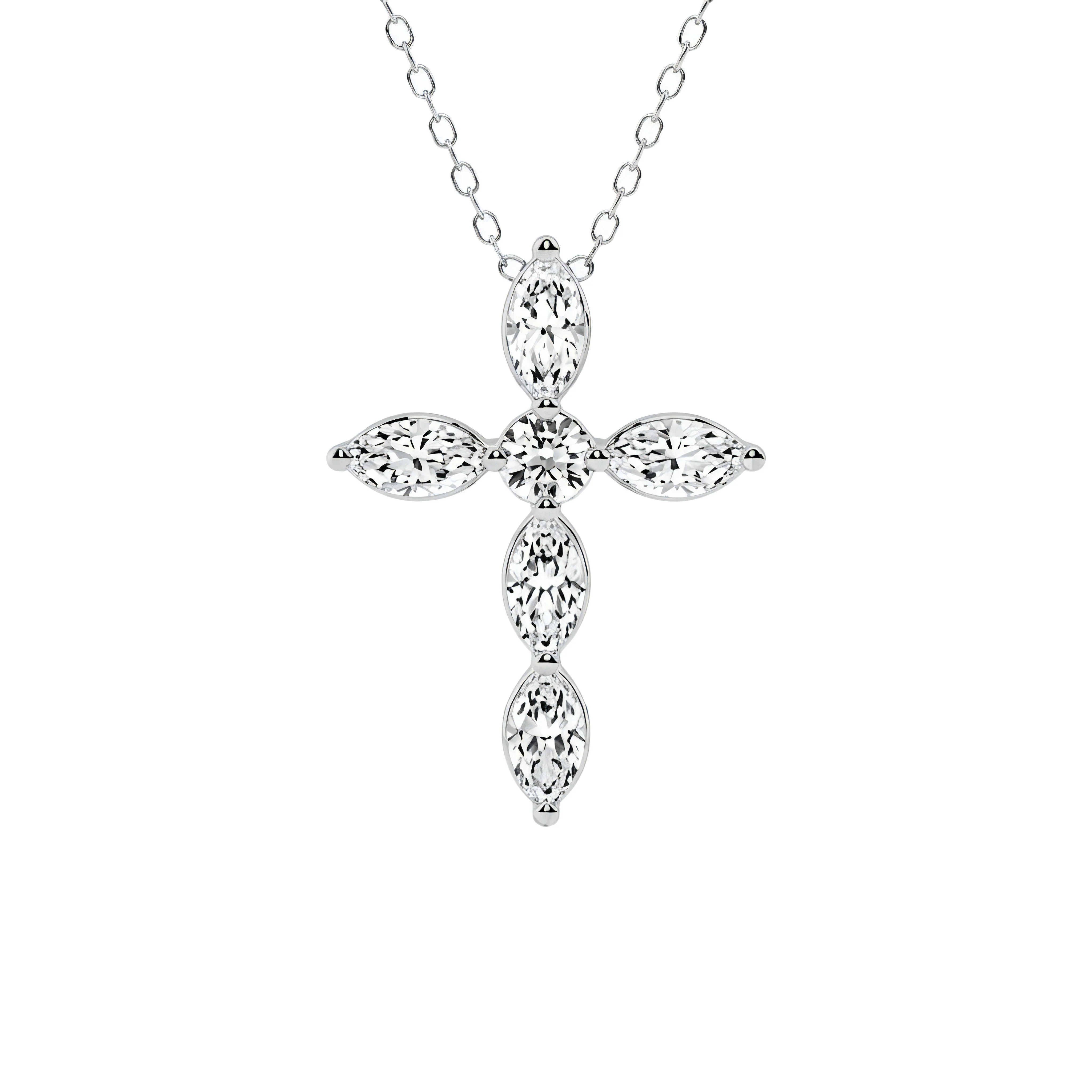1 Carat Marquise and Round Lab Grown Diamond Cross Pendant in 14K White Gold