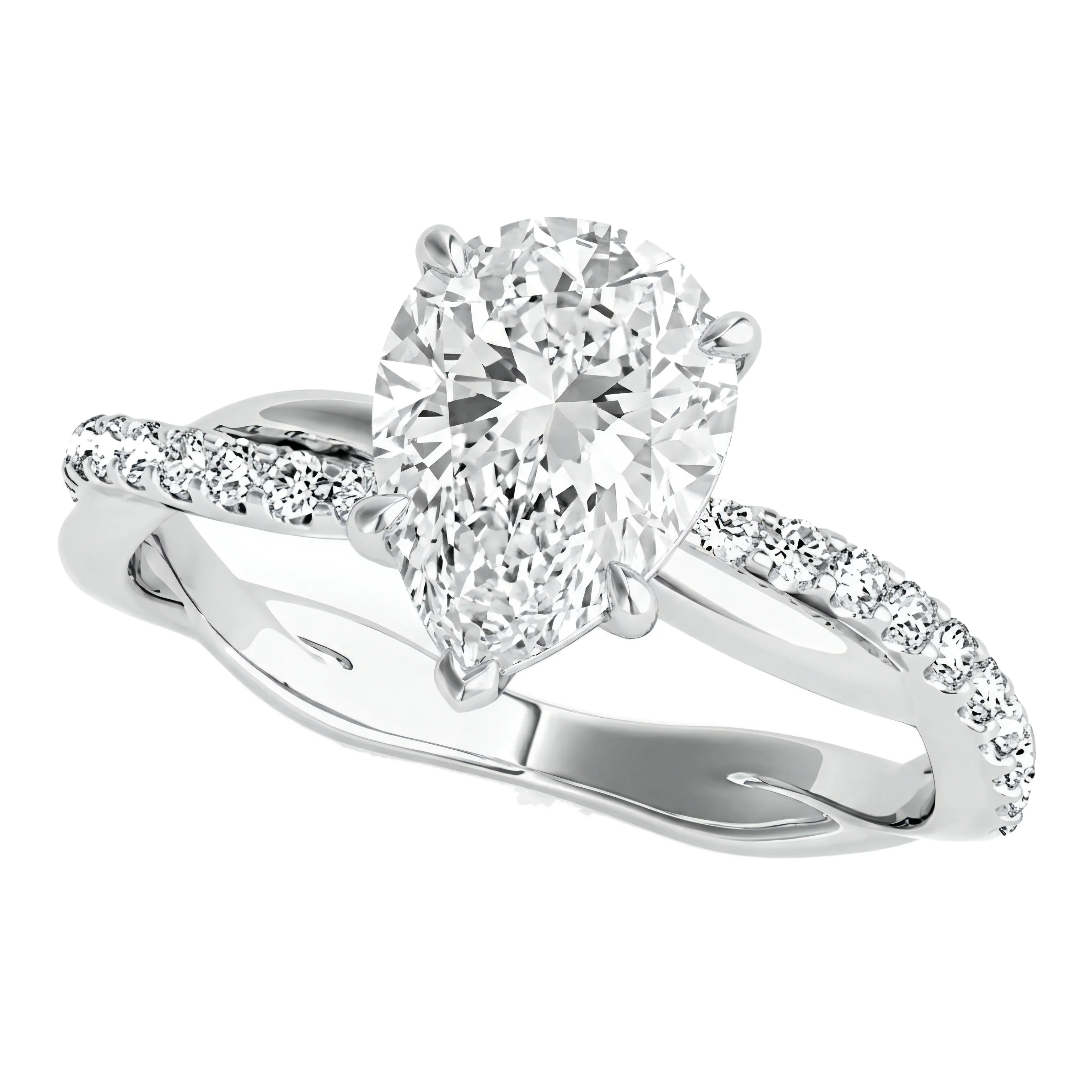 1.5 Carat Pear Lab Grown Diamond Twisted Pavé Solitaire Engagement Ring in 14K White Gold