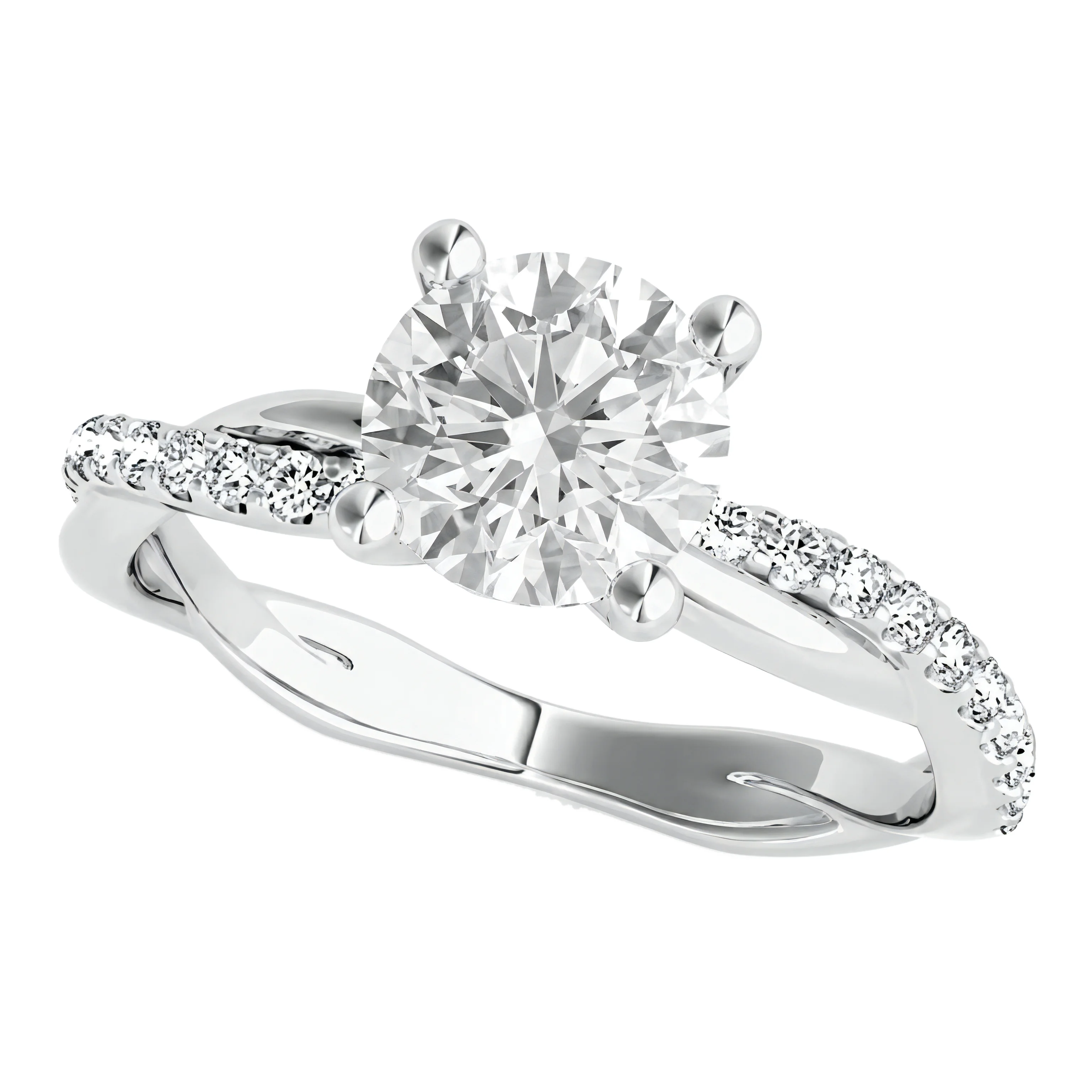 1.5 Carat Round Lab Grown Diamond Twisted Pavé Solitaire Engagement Ring in 14K White Gold