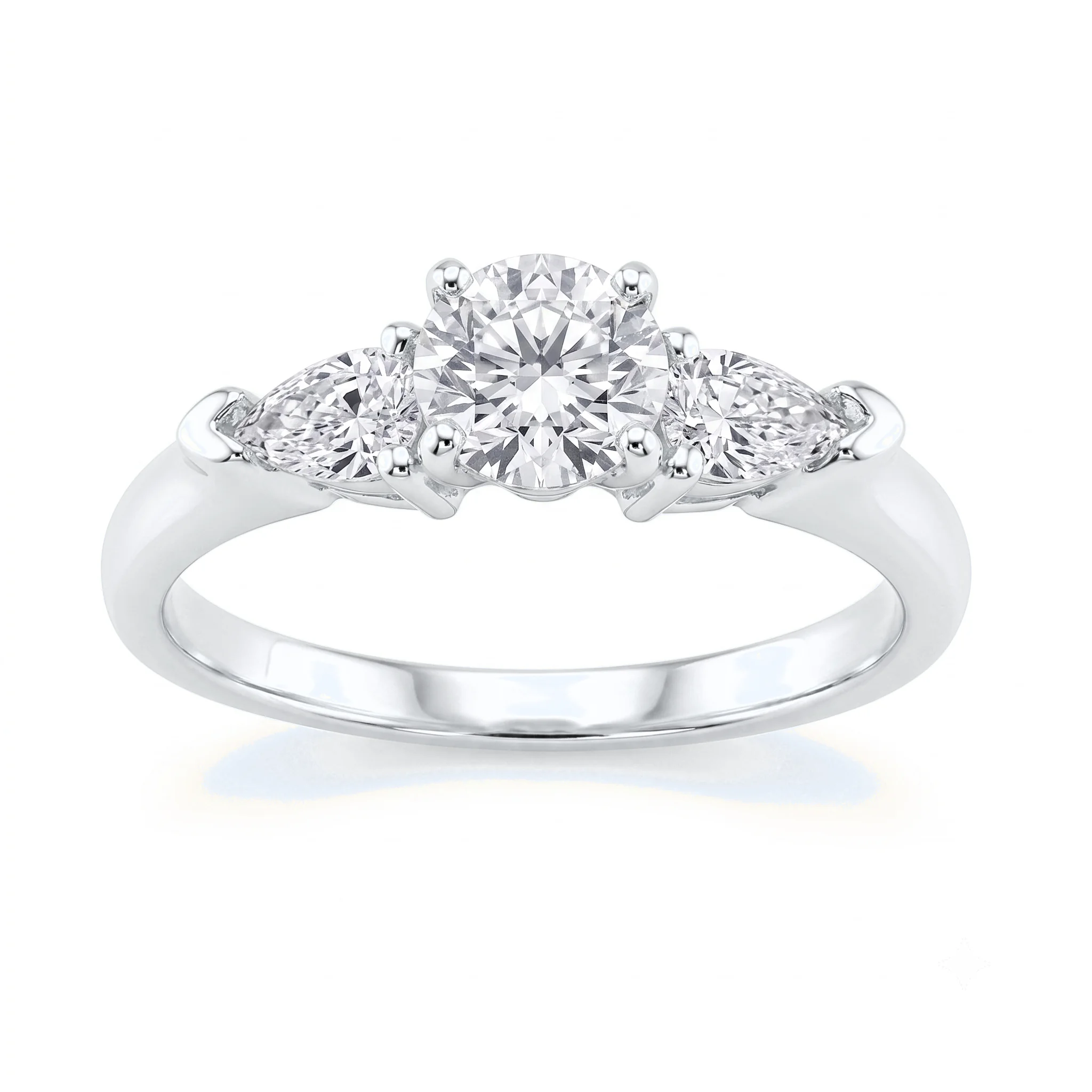 1 Carat Round Lab Grown Diamond Petite Three-Stone Pear-Accent Engagement Ring in 14K White Gold