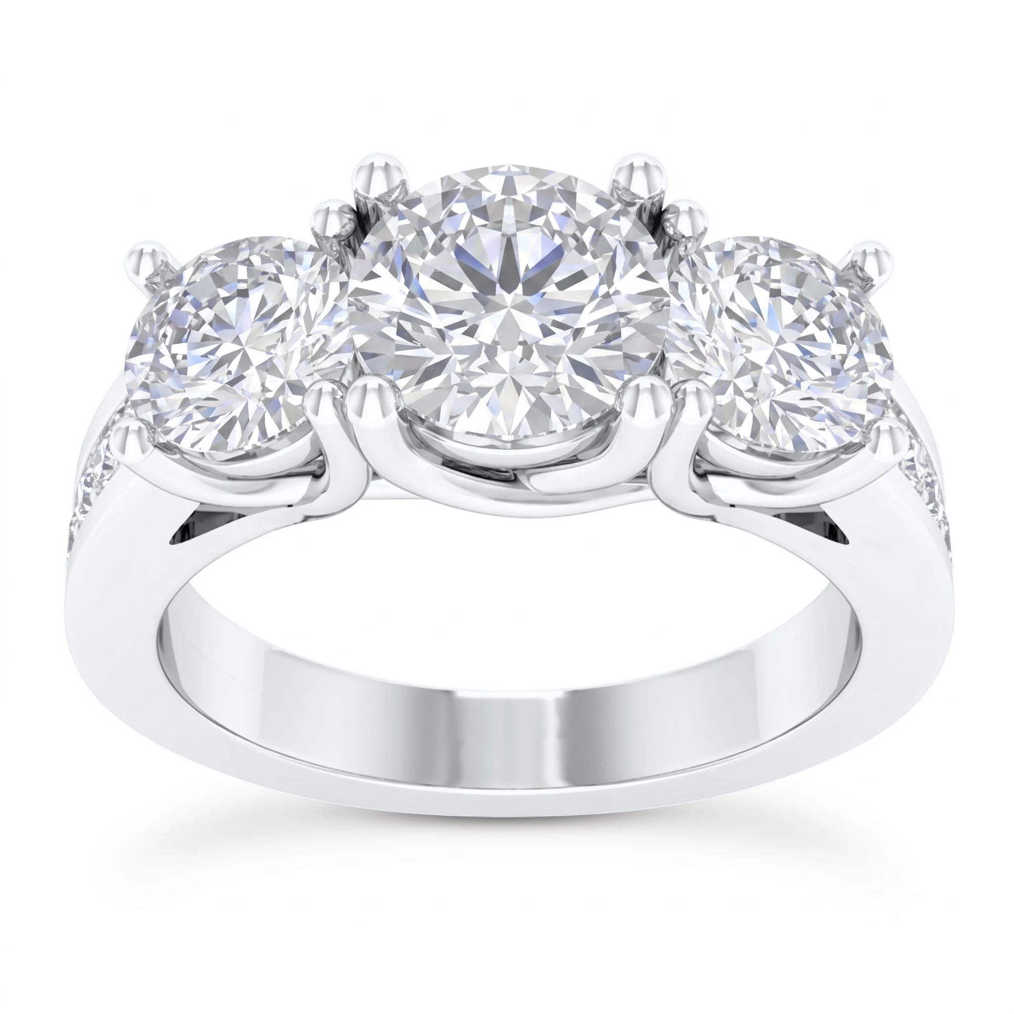 1 Carat Round Lab Grown Diamond Three-Stone Pavé Cathedral Engagement Ring in 14K White Gold