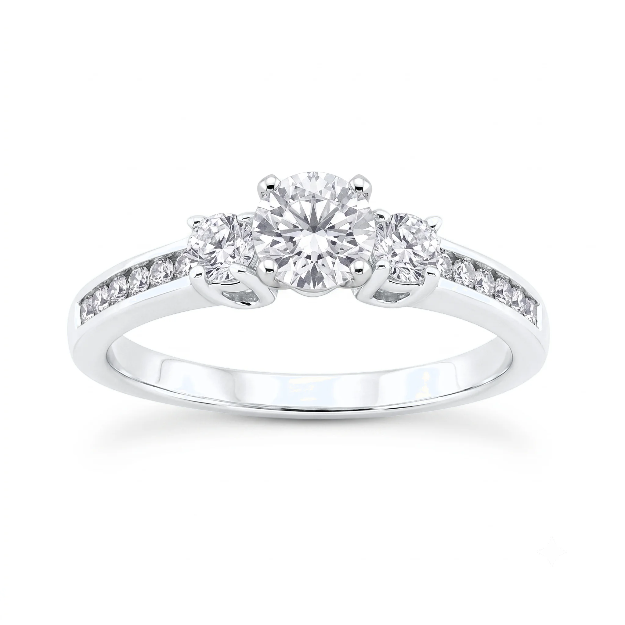 1 Carat Round Lab Grown Diamond Petite Three-Stone Pavé Engagement Ring in 14K White Gold