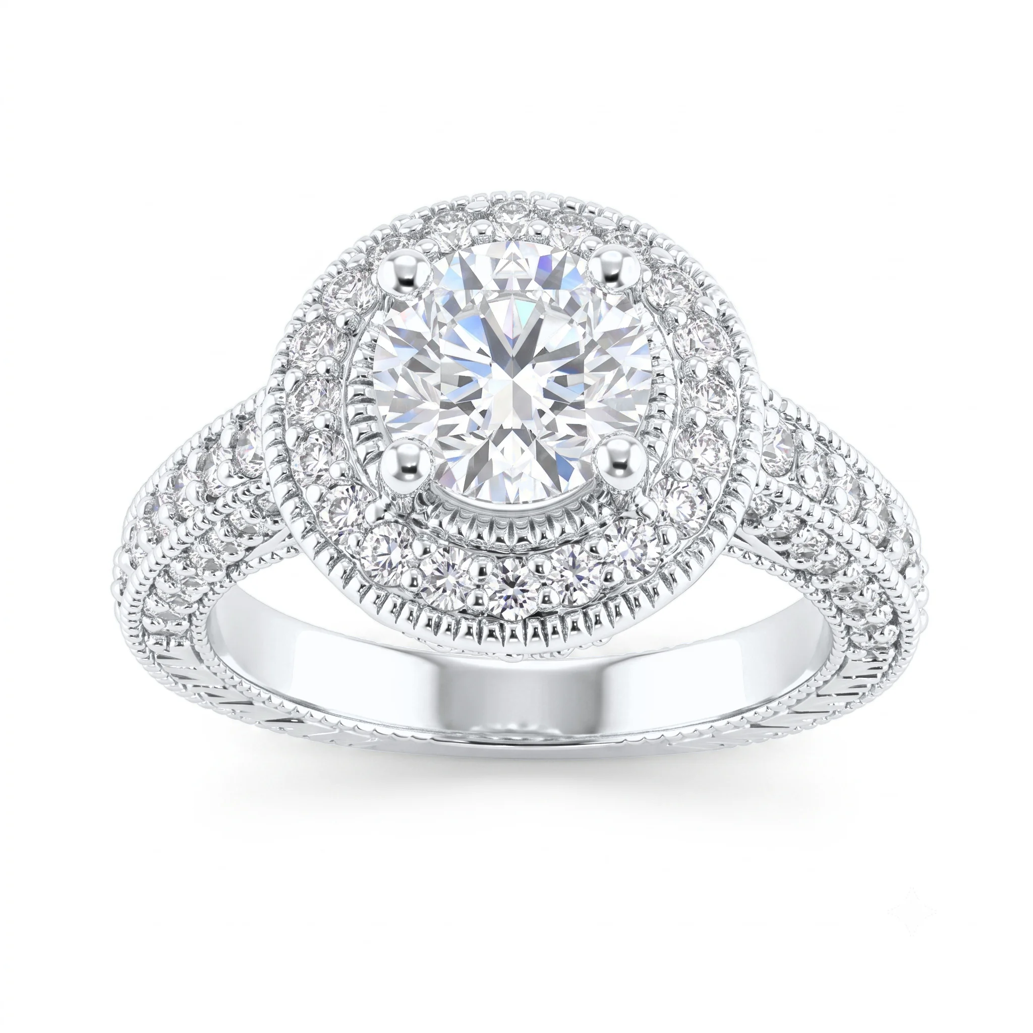 1 Carat Round Lab Grown Diamond Vintage Double Halo Engagement Ring in 14K White Gold