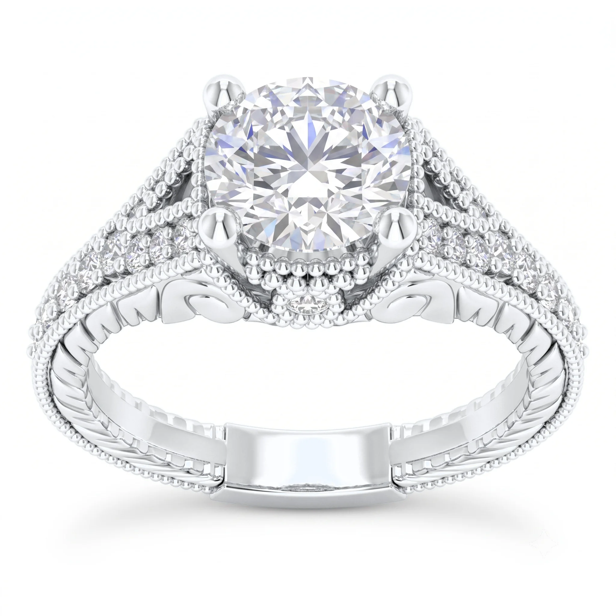 1 Carat Round Lab Grown Diamond Vintage Filigree Solitaire Engagement Ring in 14K White Gold