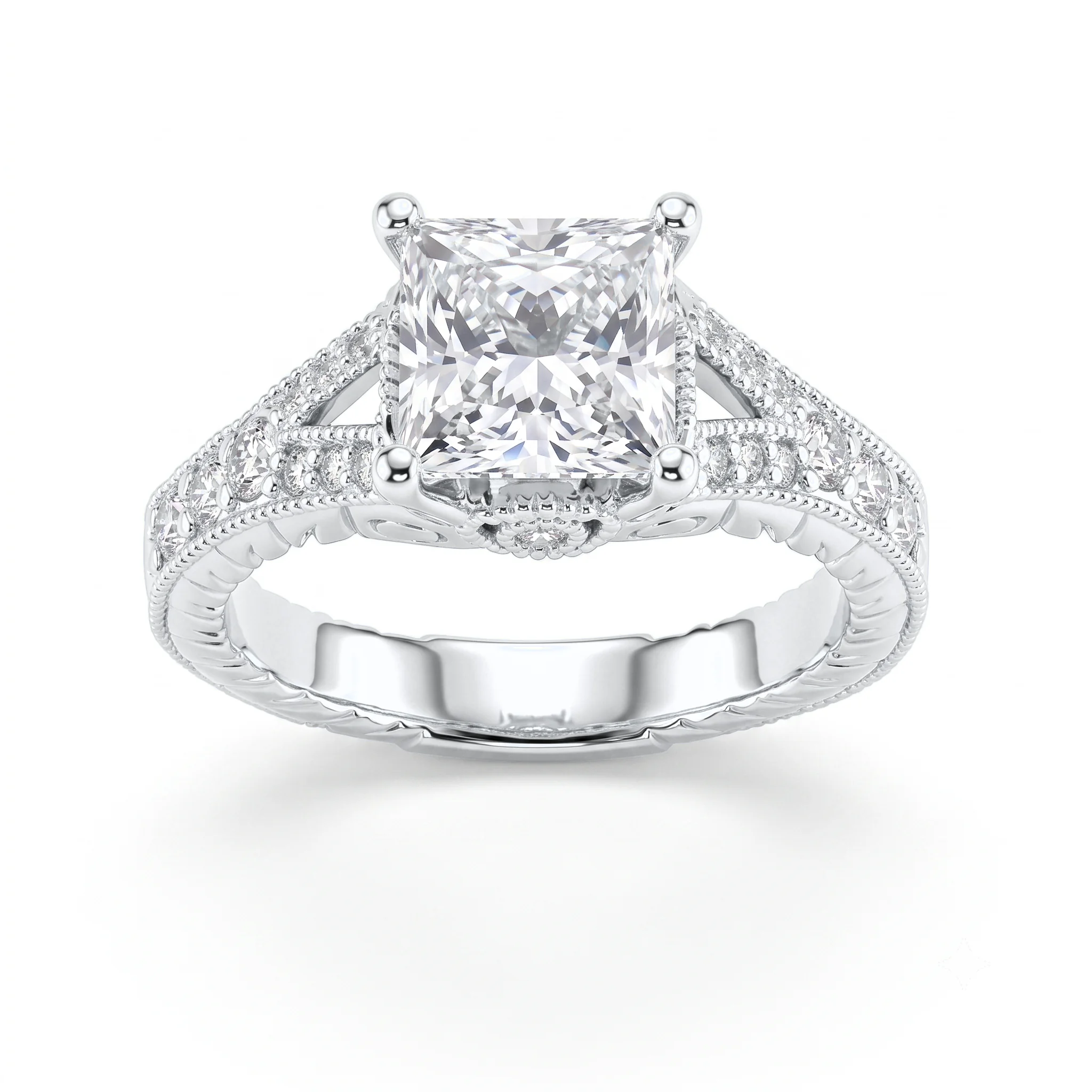 1 Carat Princess Lab Grown Diamond Vintage Engraved Split Shank Engagement Ring in 14K White Gold