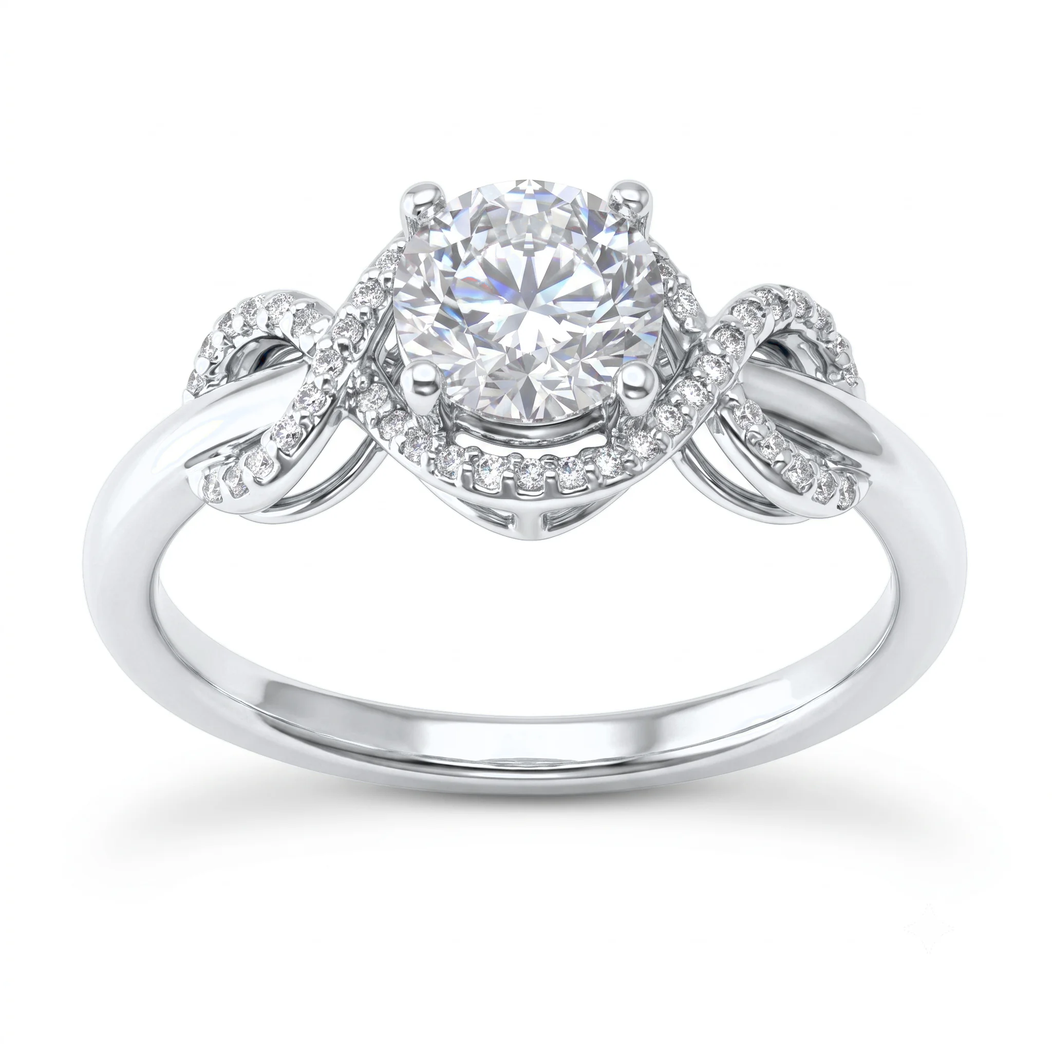 1 Carat Round Lab Grown Diamond Hidden Halo Ribbon Twist Engagement Ring in 14K White Gold