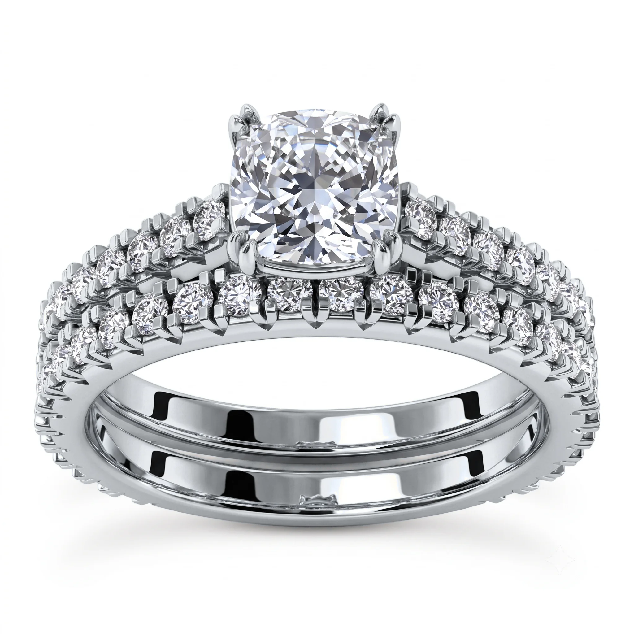 1 Carat Cushion Lab Grown Diamond Pavé Solitaire Bridal Set in 14K White Gold