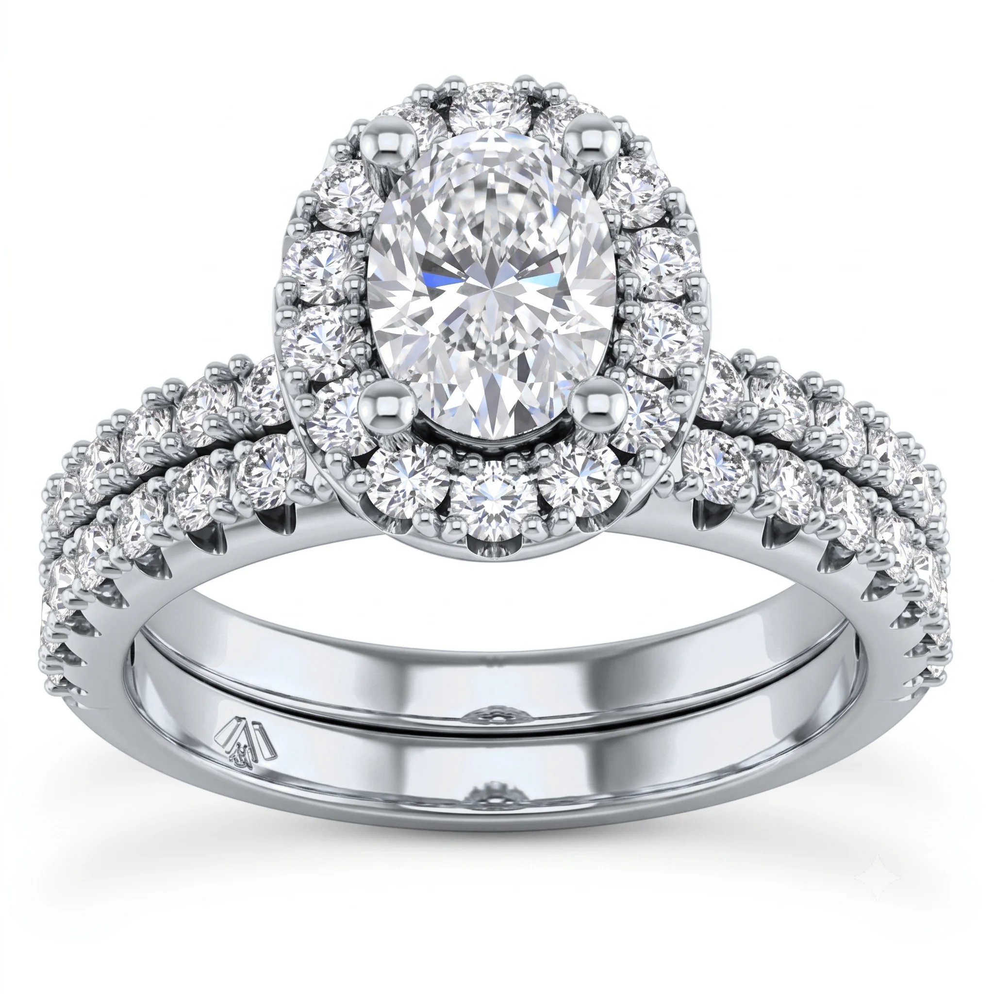1 Carat Oval Lab Grown Diamond Halo Pavé Bridal Set in 14K White Gold