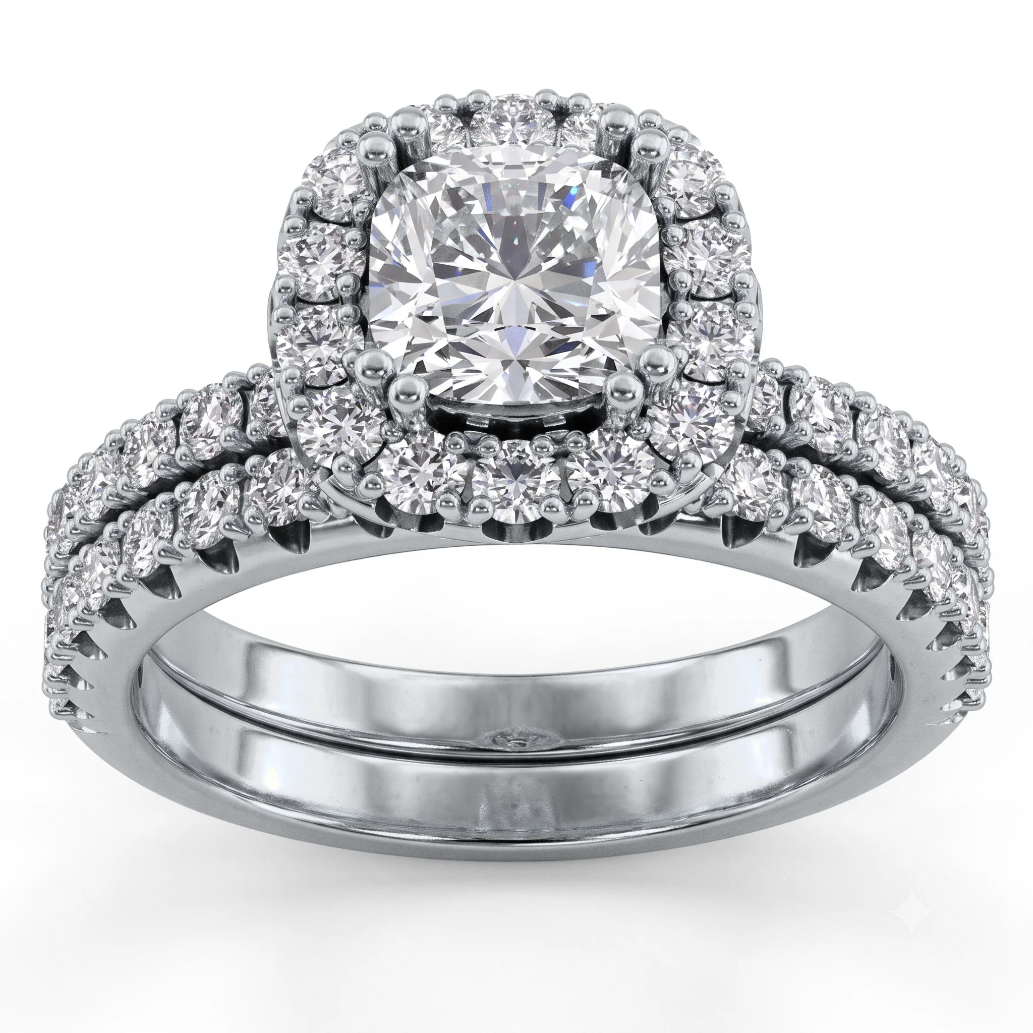 1 Carat Cushion Lab Grown Diamond Halo Pavé Bridal Set in 14K White Gold