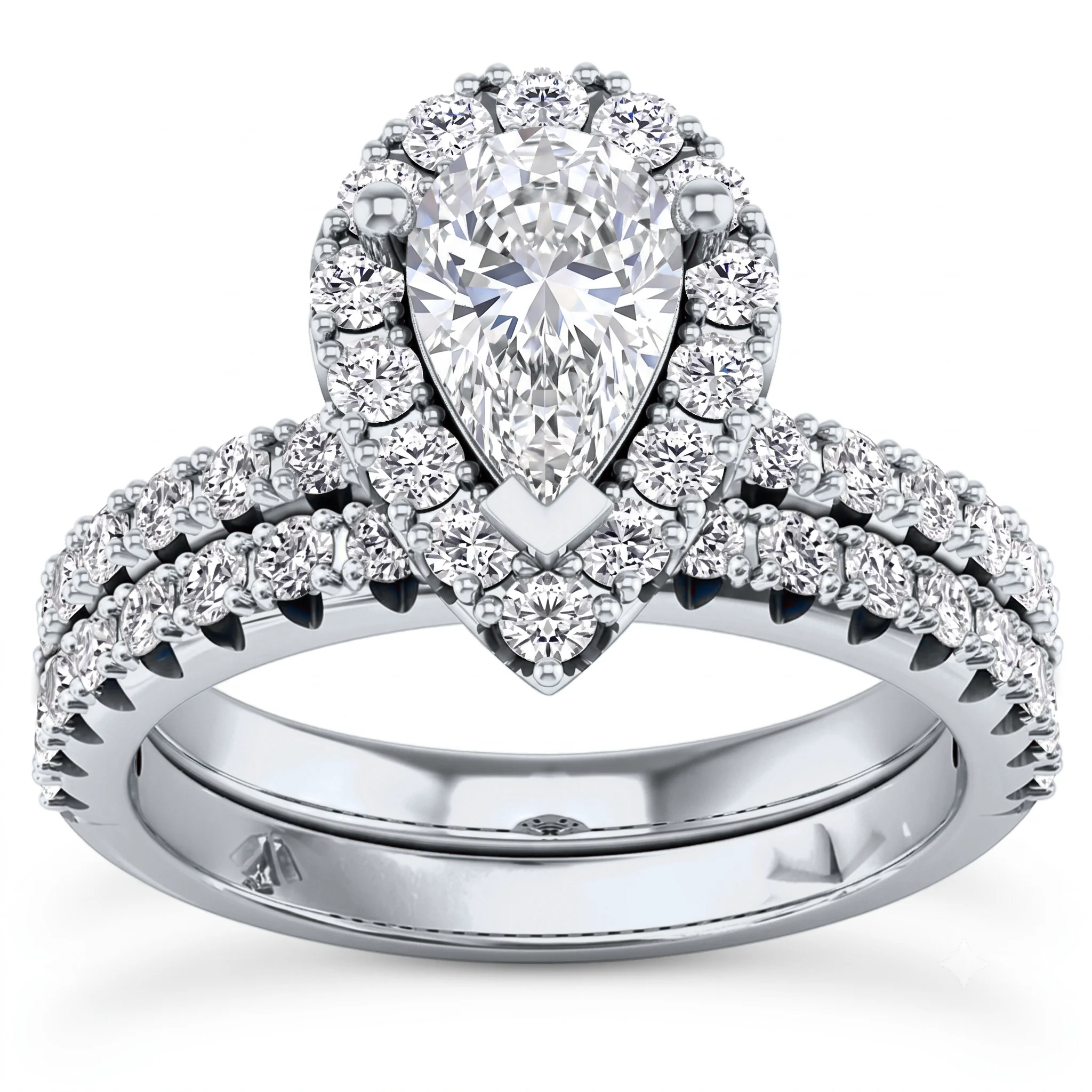 1 Carat Pear Lab Grown Diamond Halo Contoured Bridal Set in 14K White Gold