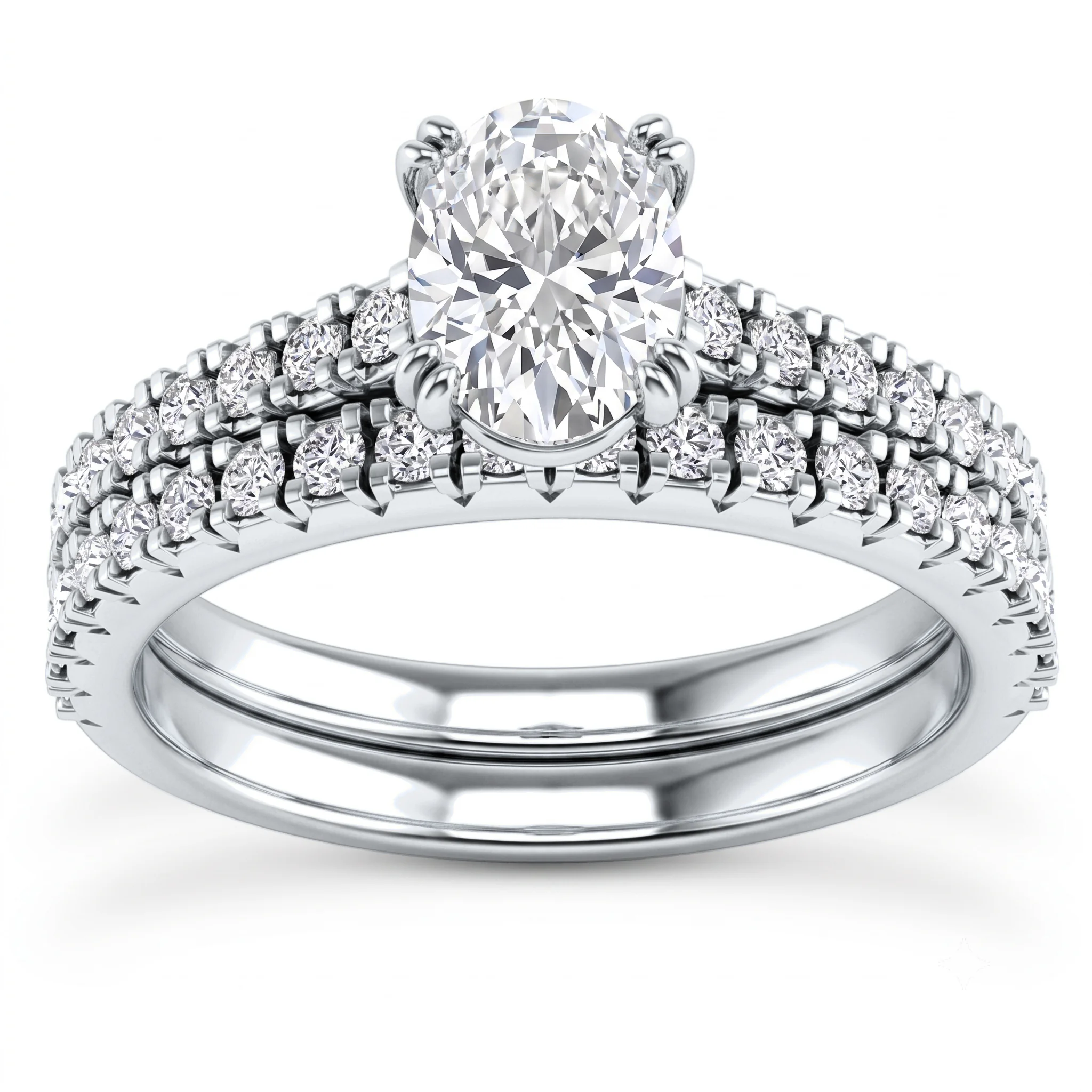 1 Carat Oval Lab Grown Diamond Pavé Solitaire Bridal Set in 14K White Gold