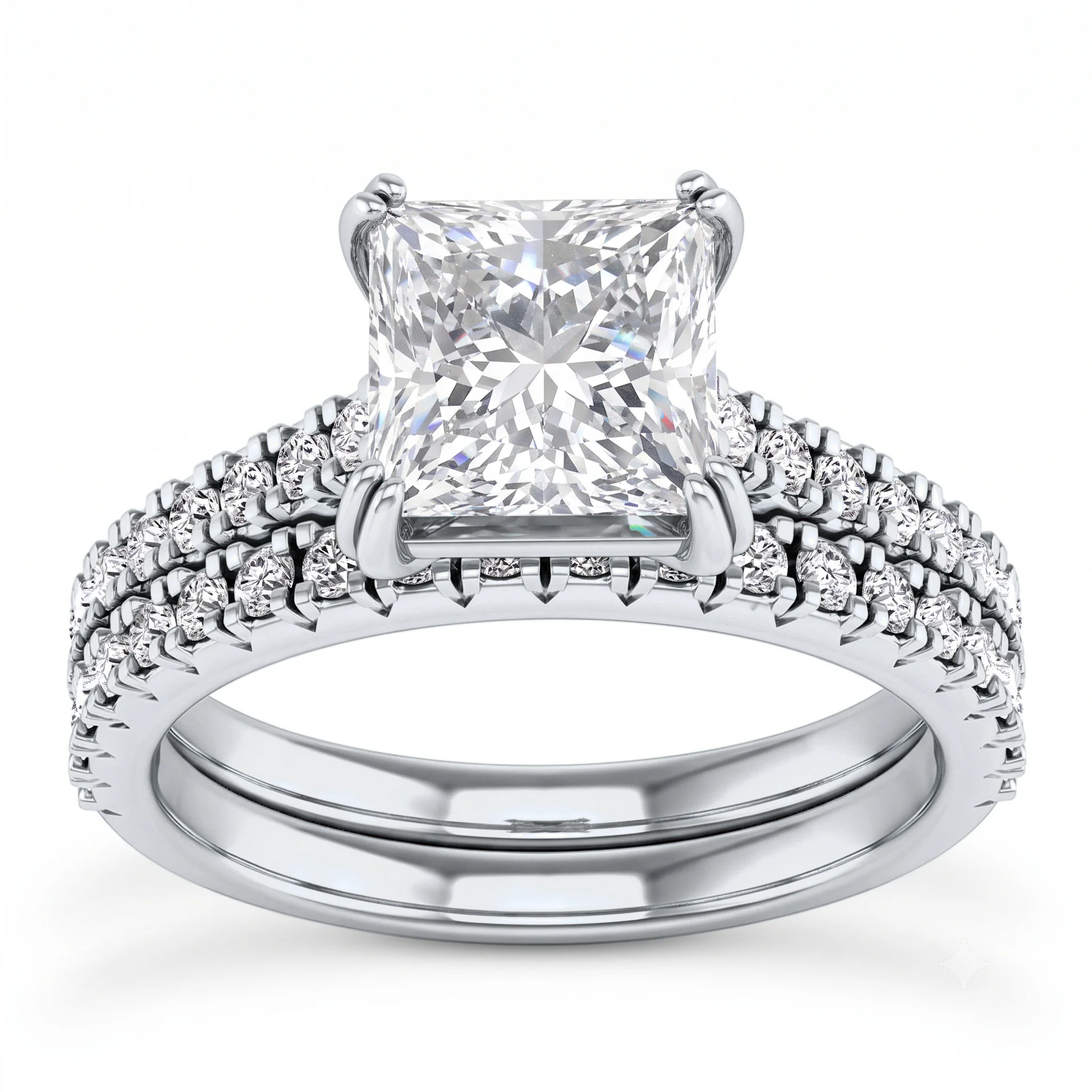1 Carat Princess Lab Grown Diamond Pavé Solitaire Bridal Set in 14K White Gold