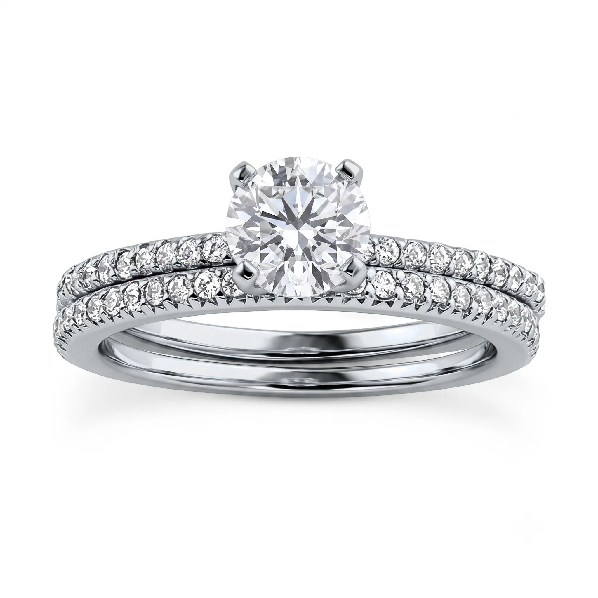 1 Carat Round Lab Grown Diamond Classic Pavé Bridal Set in 14K White Gold