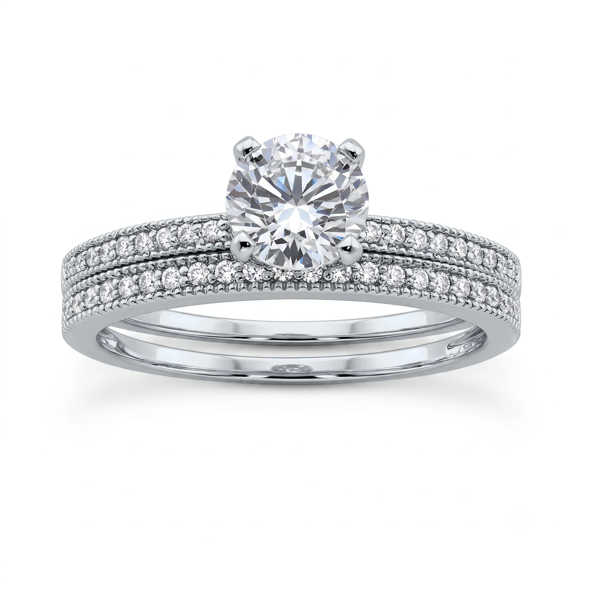 1 Carat Round Lab Grown Diamond Vintage Milgrain Pavé Bridal Set in 14K White Gold