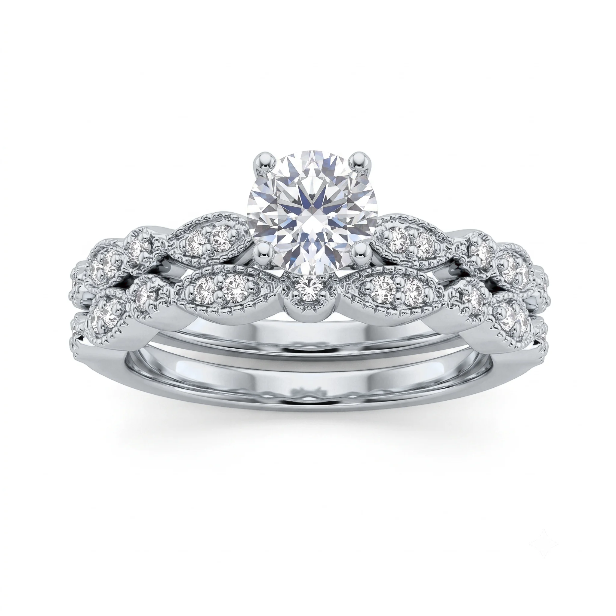 1 Carat Round Lab Grown Diamond Vintage Marquise Motif Bridal Set in 14K White Gold