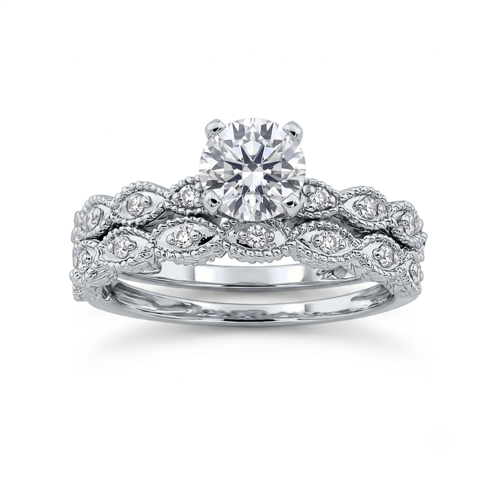 1 Carat Round Lab Grown Diamond Vintage Floral Leaf Bridal Set in 14K White Gold