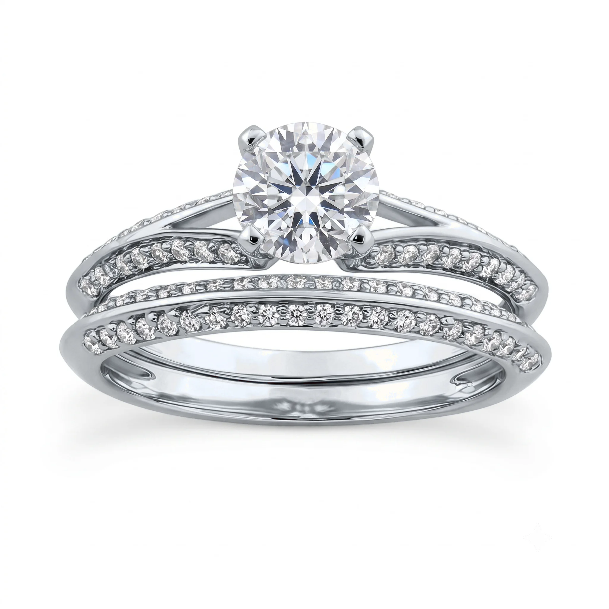 1 Carat Round Lab Grown Diamond Cathedral Split Shank Bridal Set in 14K White Gold