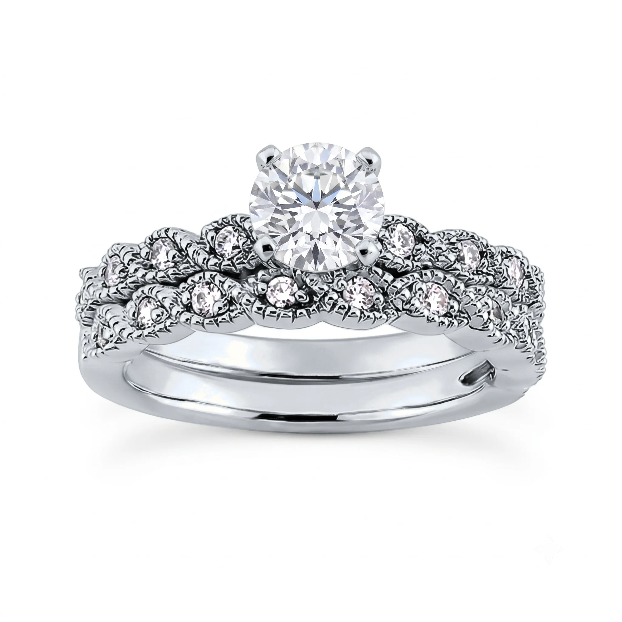 1 Carat Round Lab Grown Diamond Vintage Floral Scatter Bridal Set in 14K White Gold