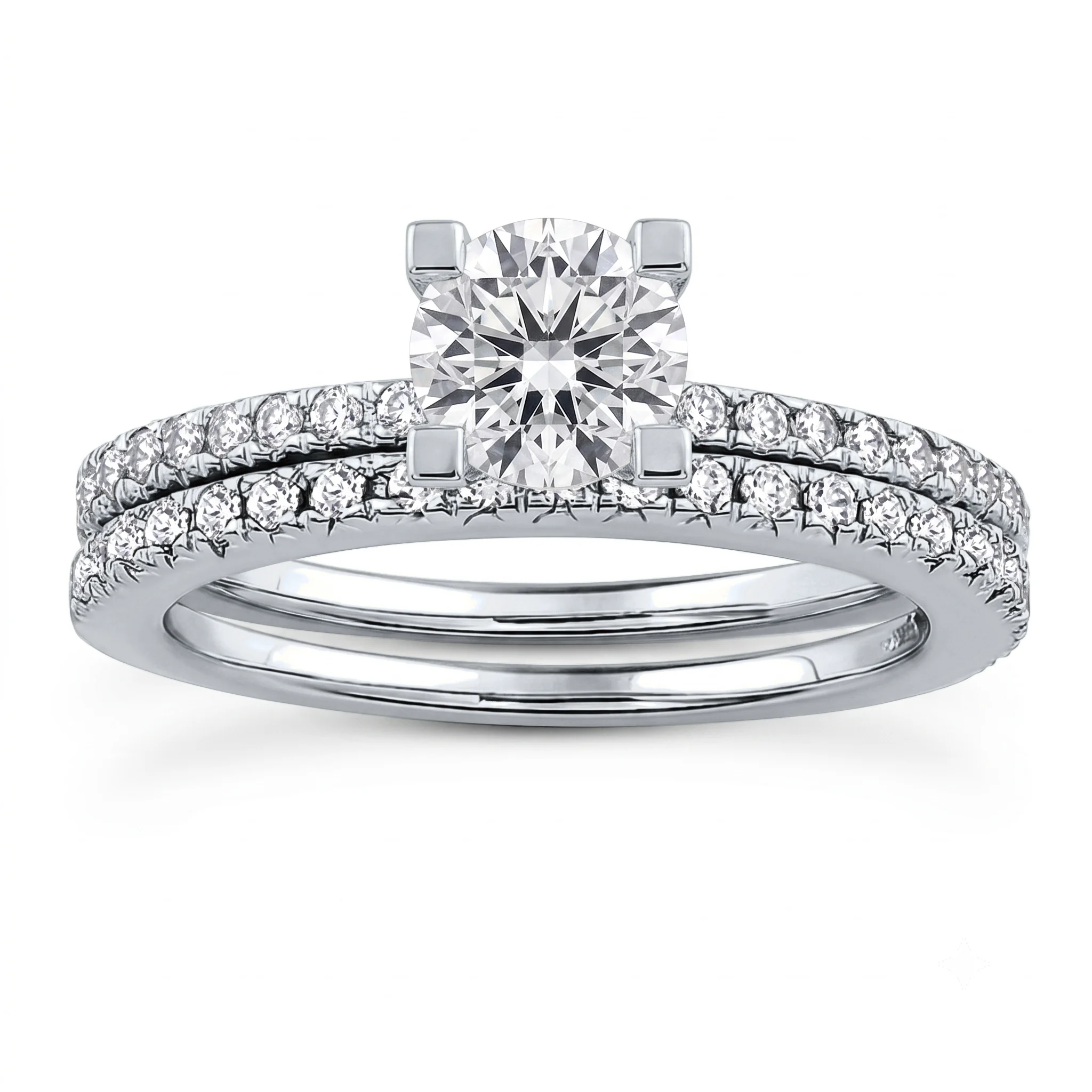 1 Carat Round Lab Grown Diamond Classic Single-Row Pavé Bridal Set in 14K White Gold