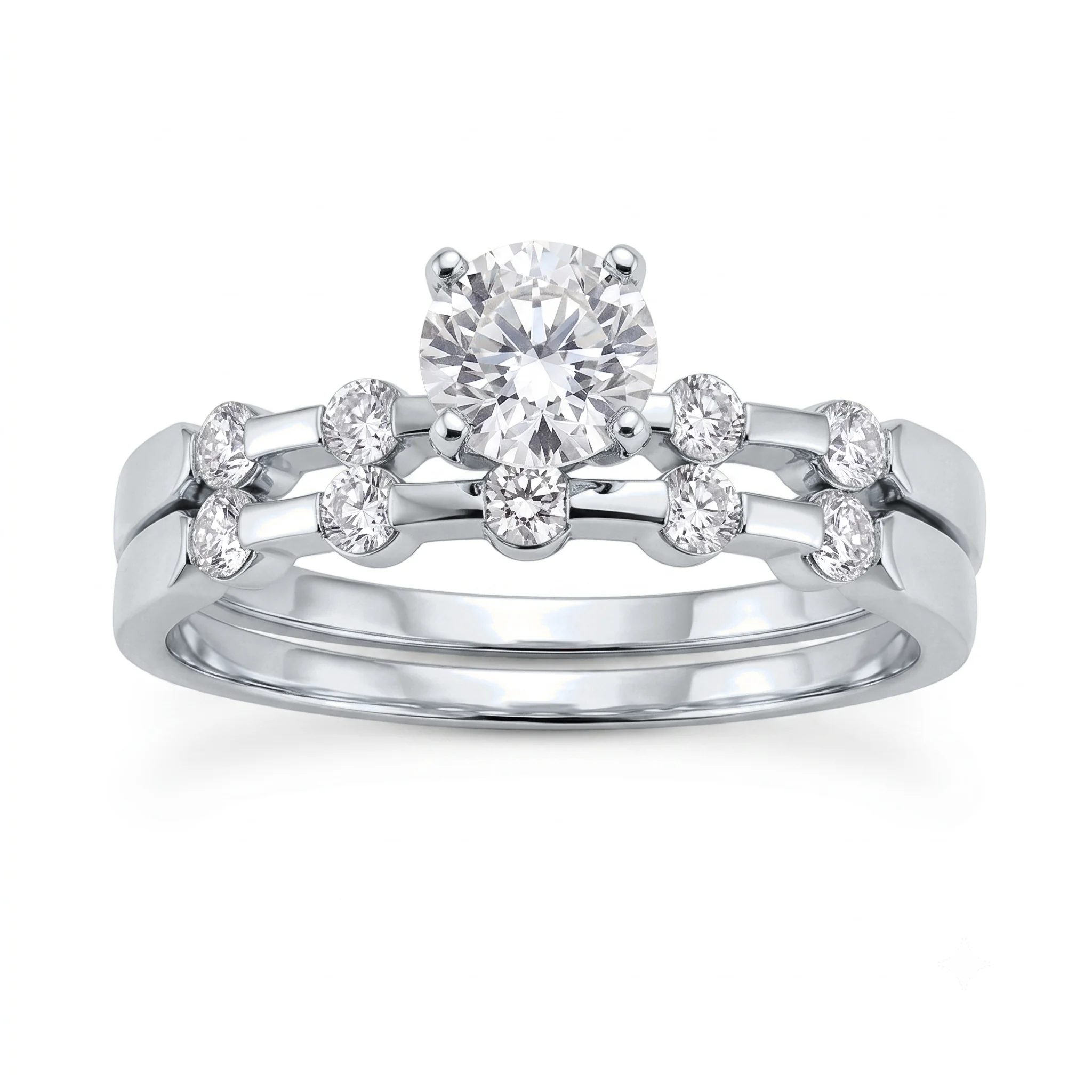 1 Carat Round Lab Grown Diamond Scattered Bezel Bridal Set in 14K White Gold