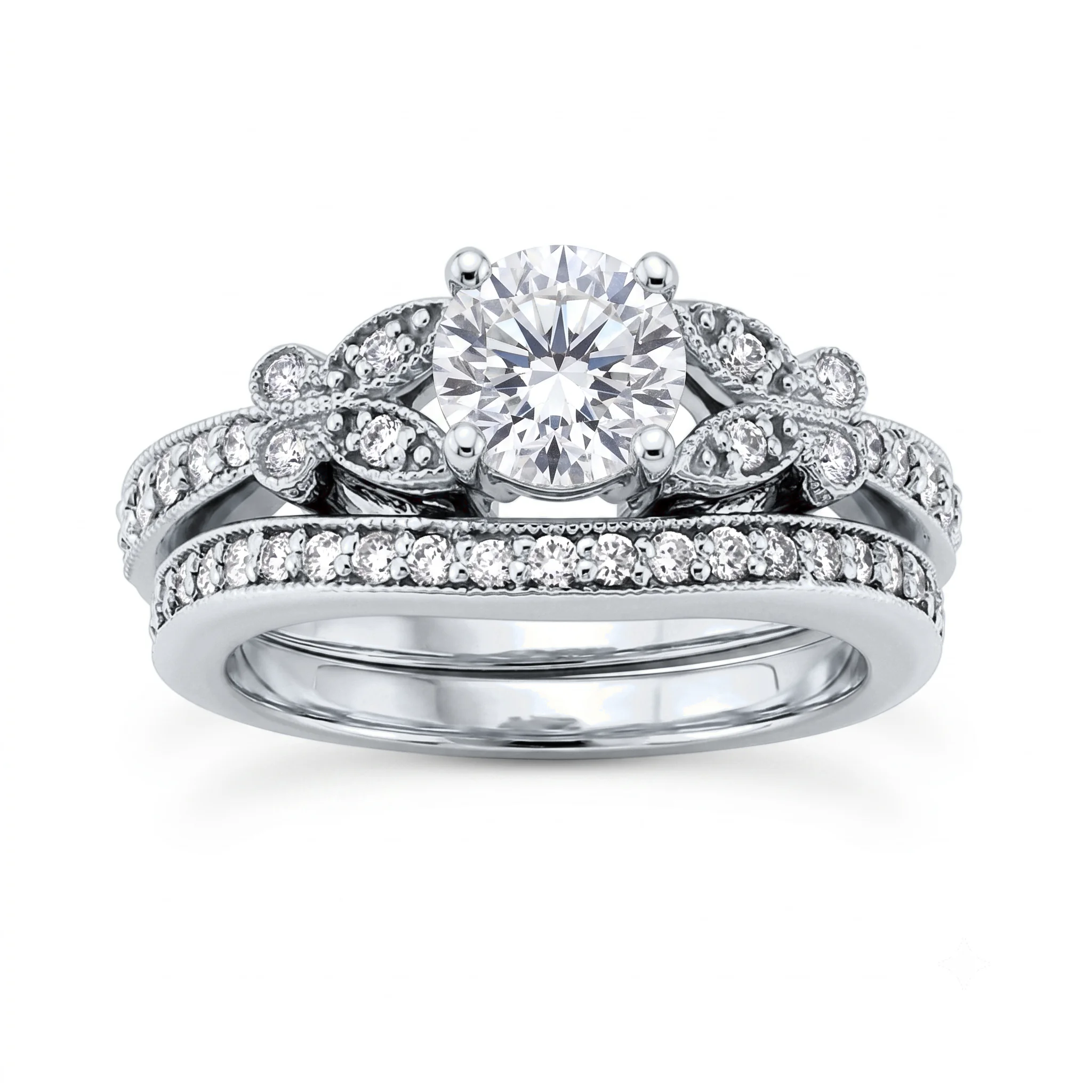 1 Carat Round Lab Grown Diamond Floral Petal Bridal Set in 14K White Gold