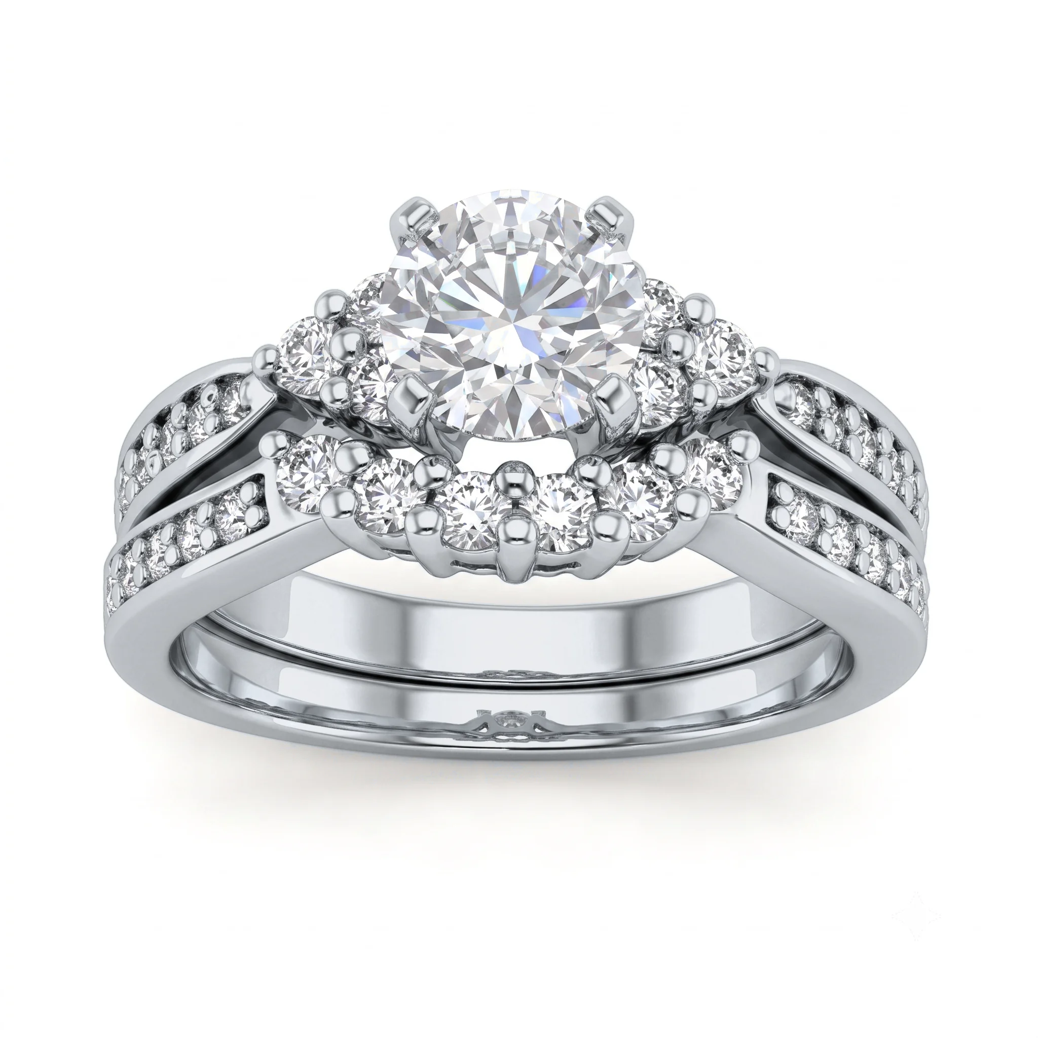 1 Carat Round Lab Grown Diamond Floral Halo Cluster Bridal Set in 14K White Gold