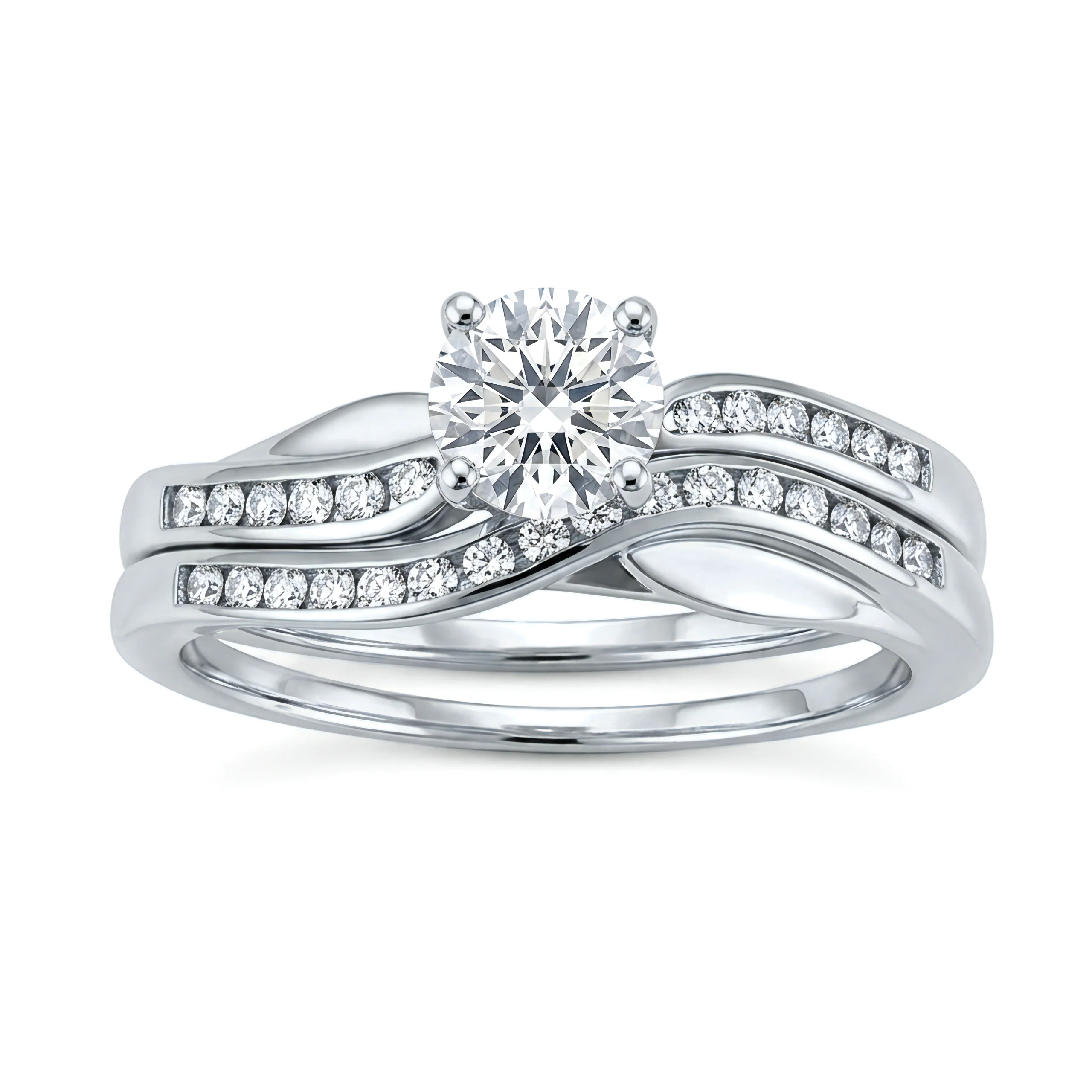 1 Carat Round Lab Grown Diamond Channel-Set Bypass Wave Bridal Set in 14K White Gold