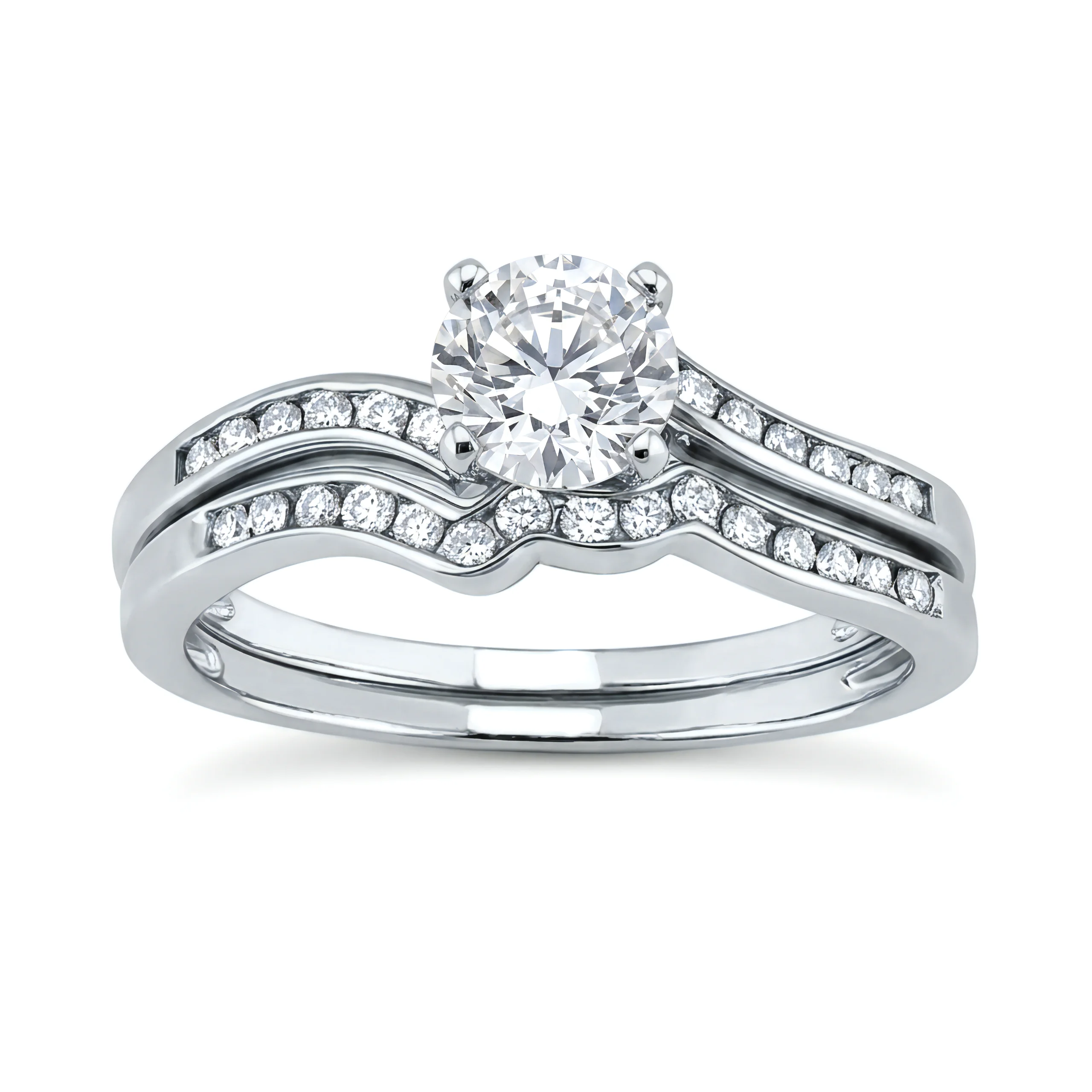 1 Carat Round Lab Grown Diamond Channel Chevron Bridal Set in 14K White Gold