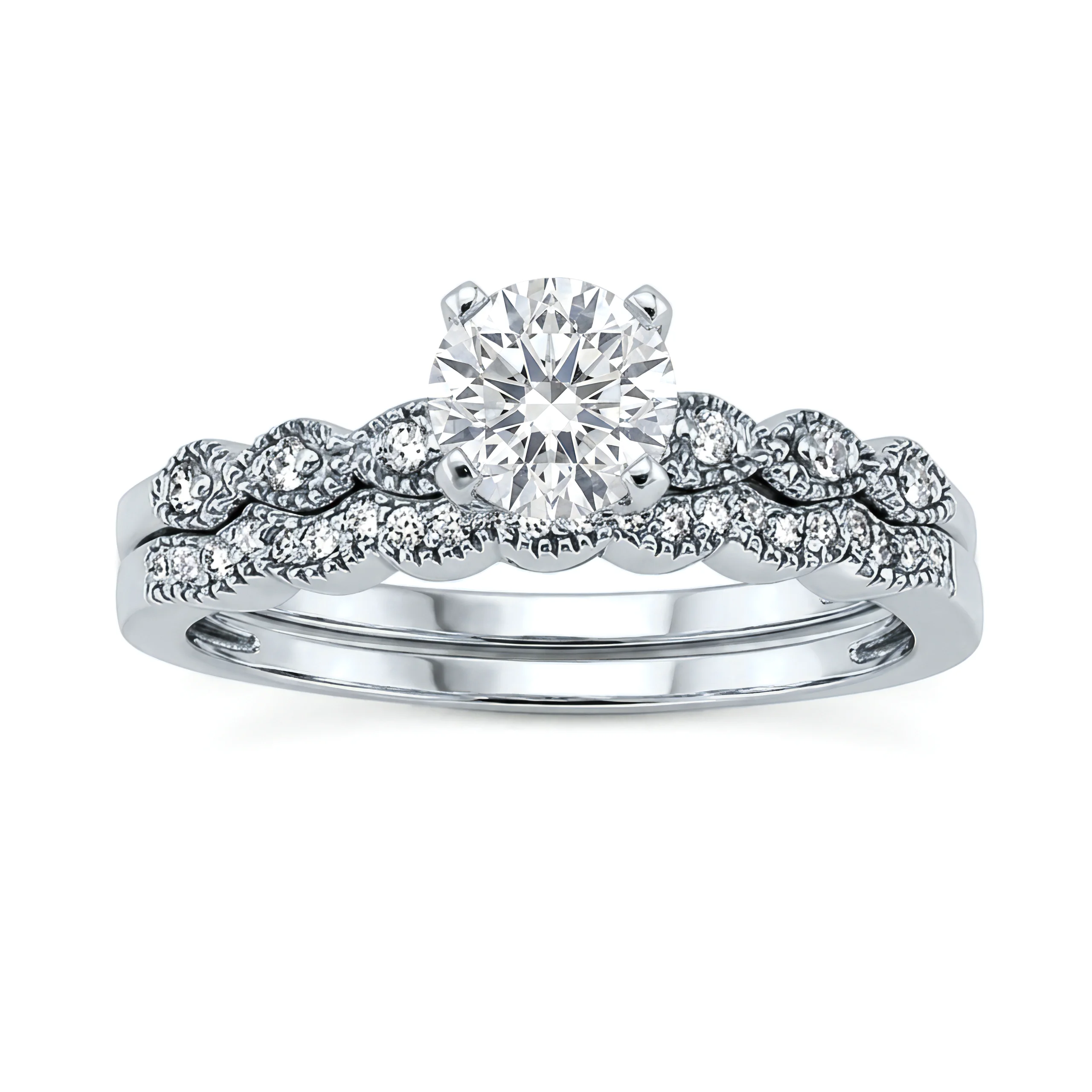 1 Carat Round Lab Grown Diamond Vintage Marquise Twist Bridal Set in 14K White Gold